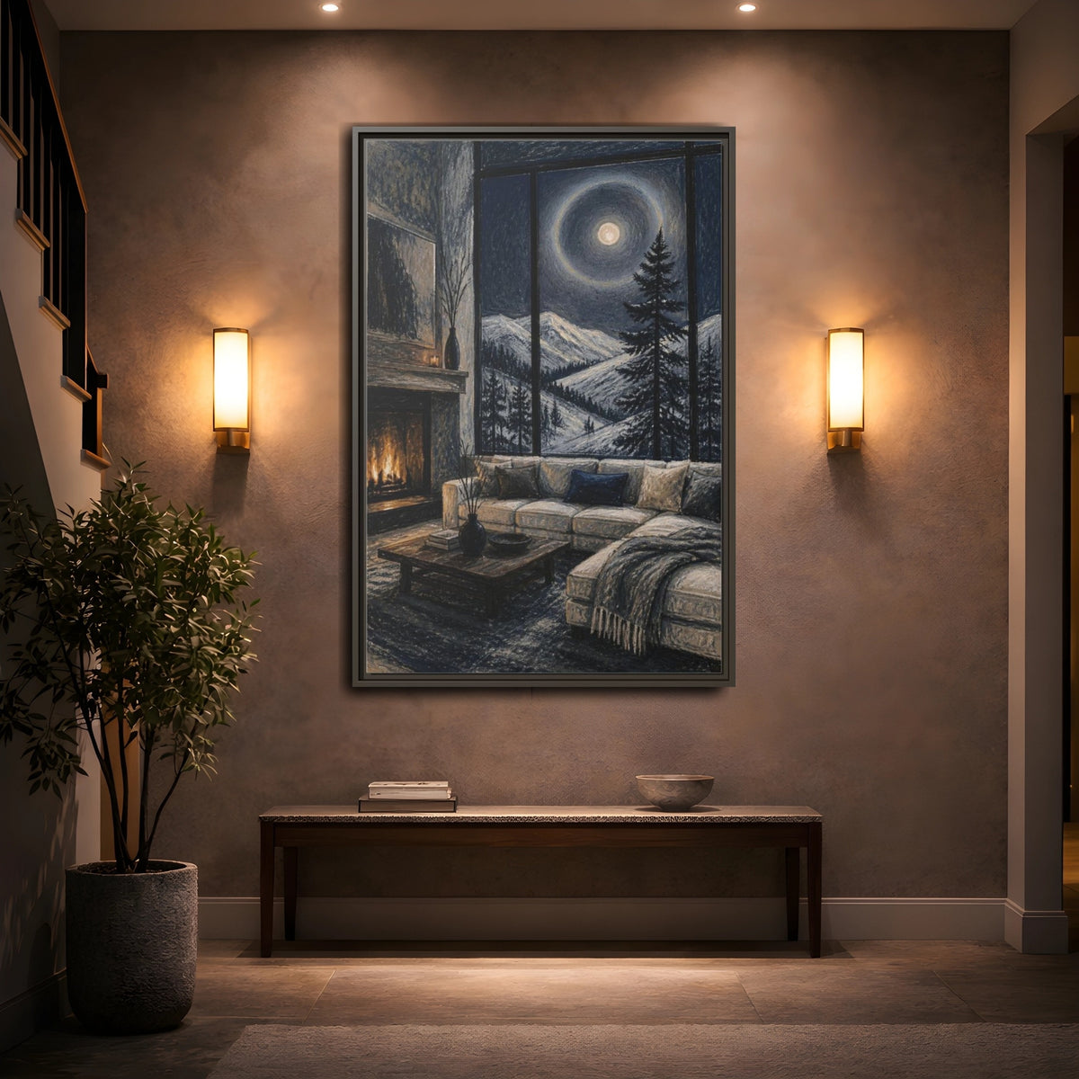 Mockup 2. Living Room Moonlit Pine shown as framed canvas print