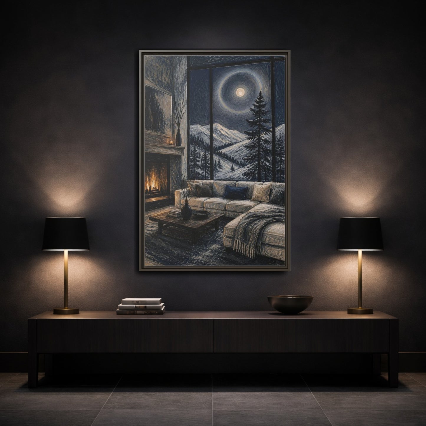 Mockup 3. Living Room Moonlit Pine shown as framed canvas print