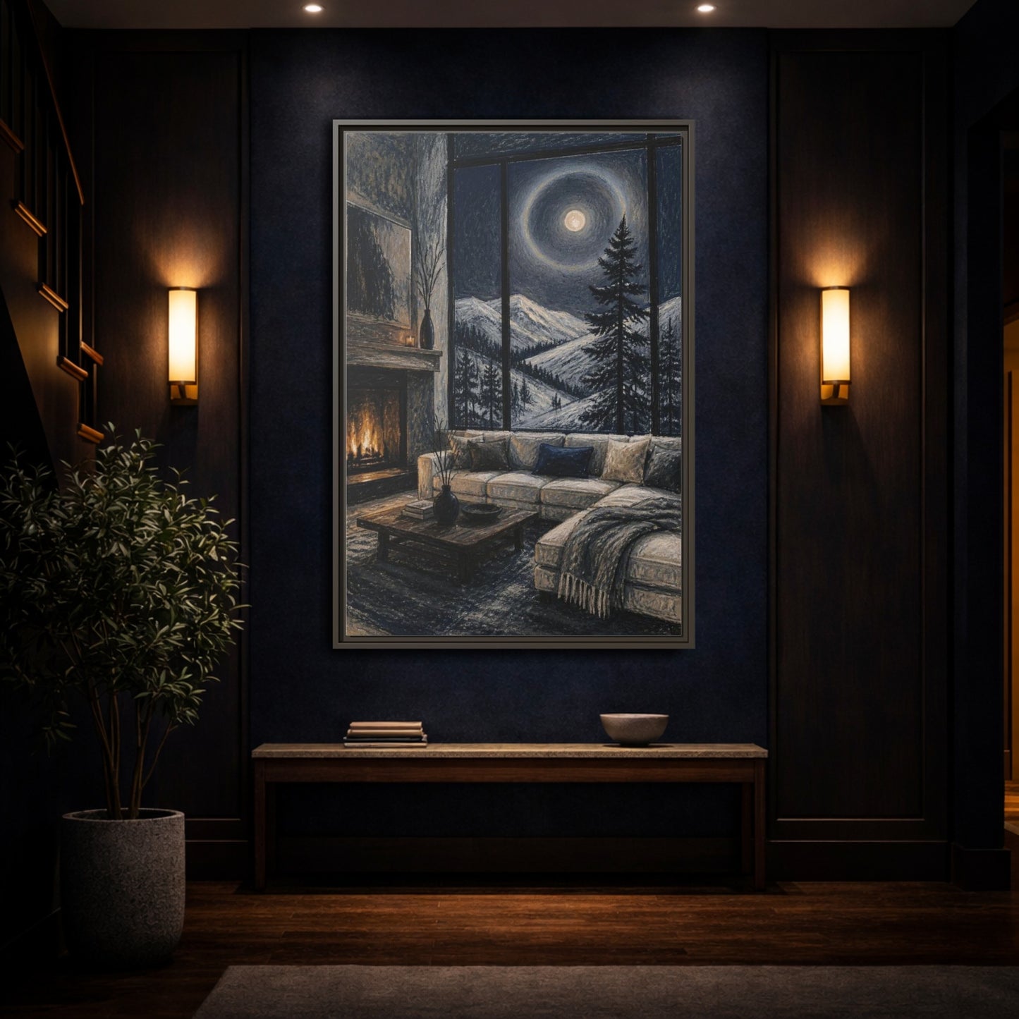 Mockup 4. Living Room Moonlit Pine shown as framed canvas print