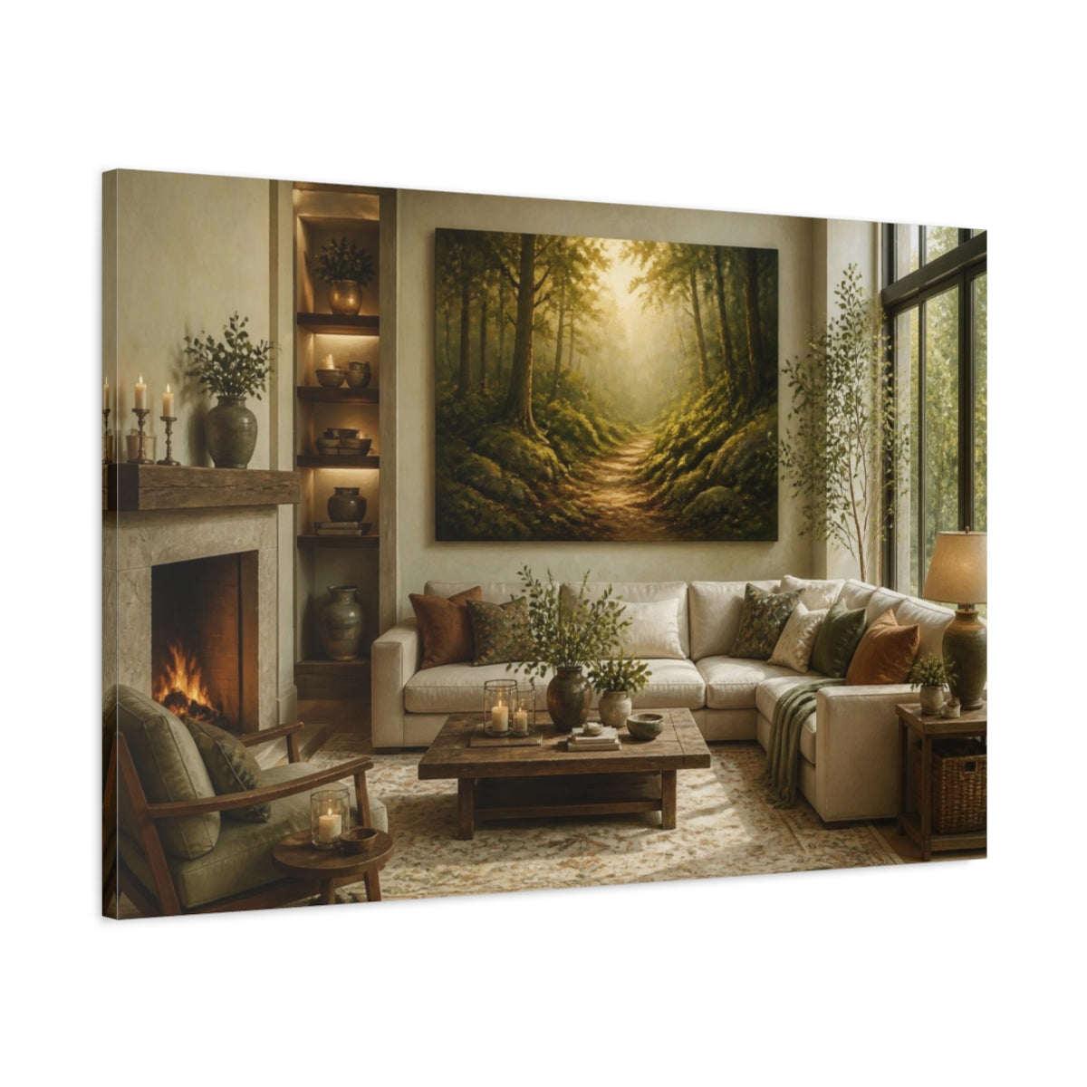 Main Mockup. Living Room Mossy Forest Path shown as canvas print
