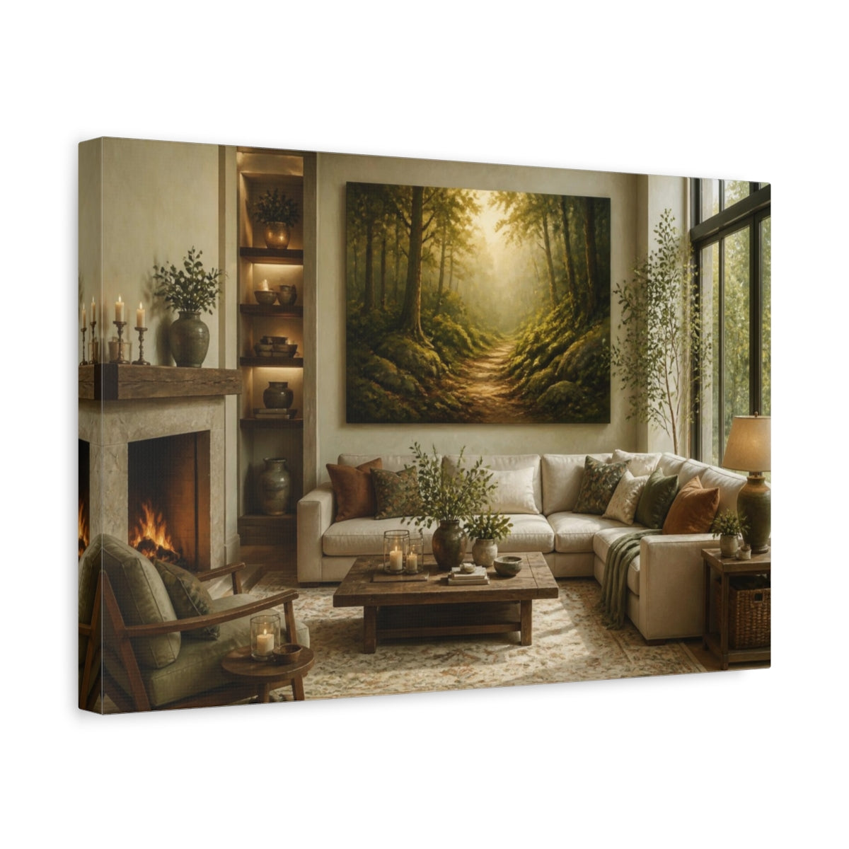 Side Mockup 4. Living Room Mossy Forest Path shown as canvas print