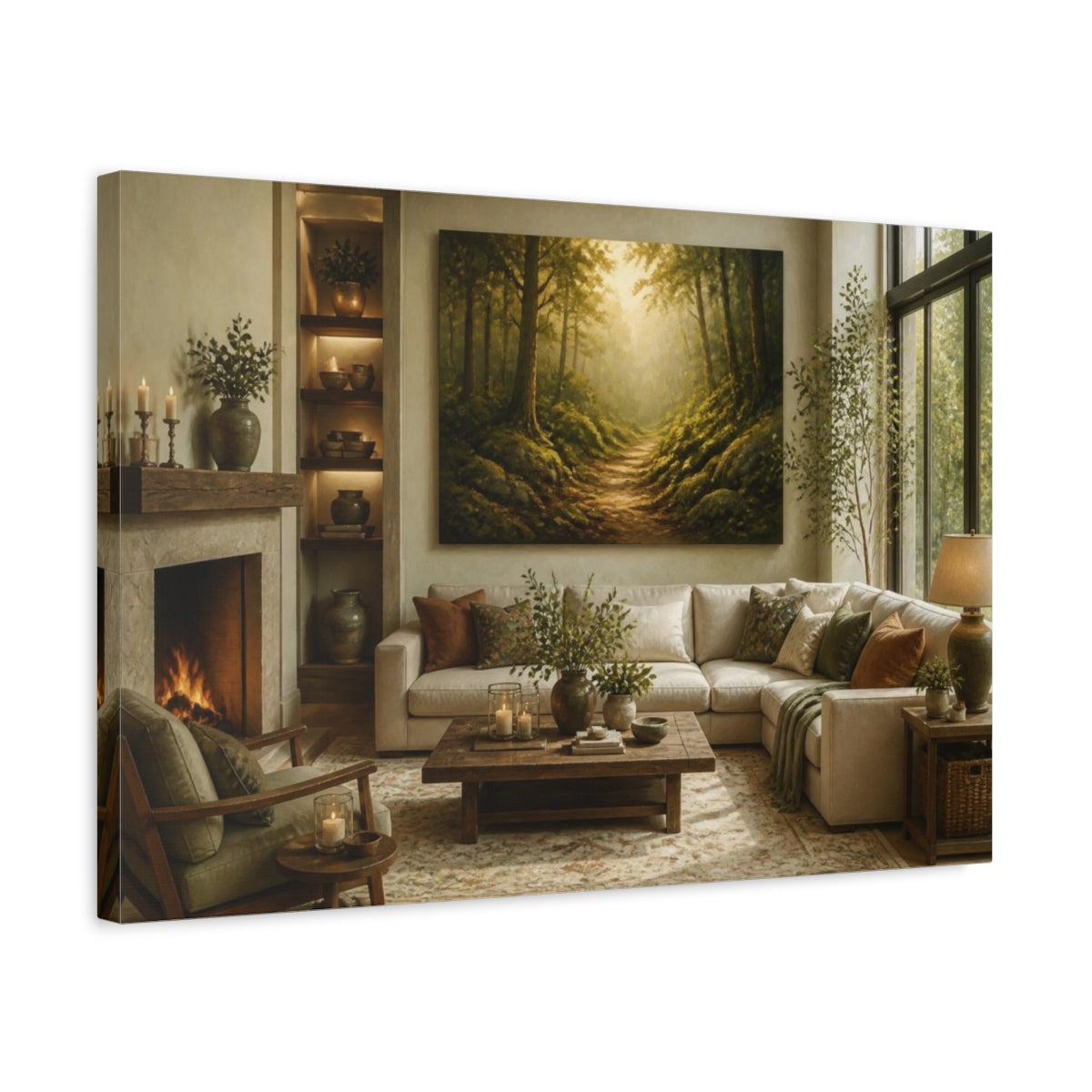 Side Mockup 3. Living Room Mossy Forest Path shown as canvas print