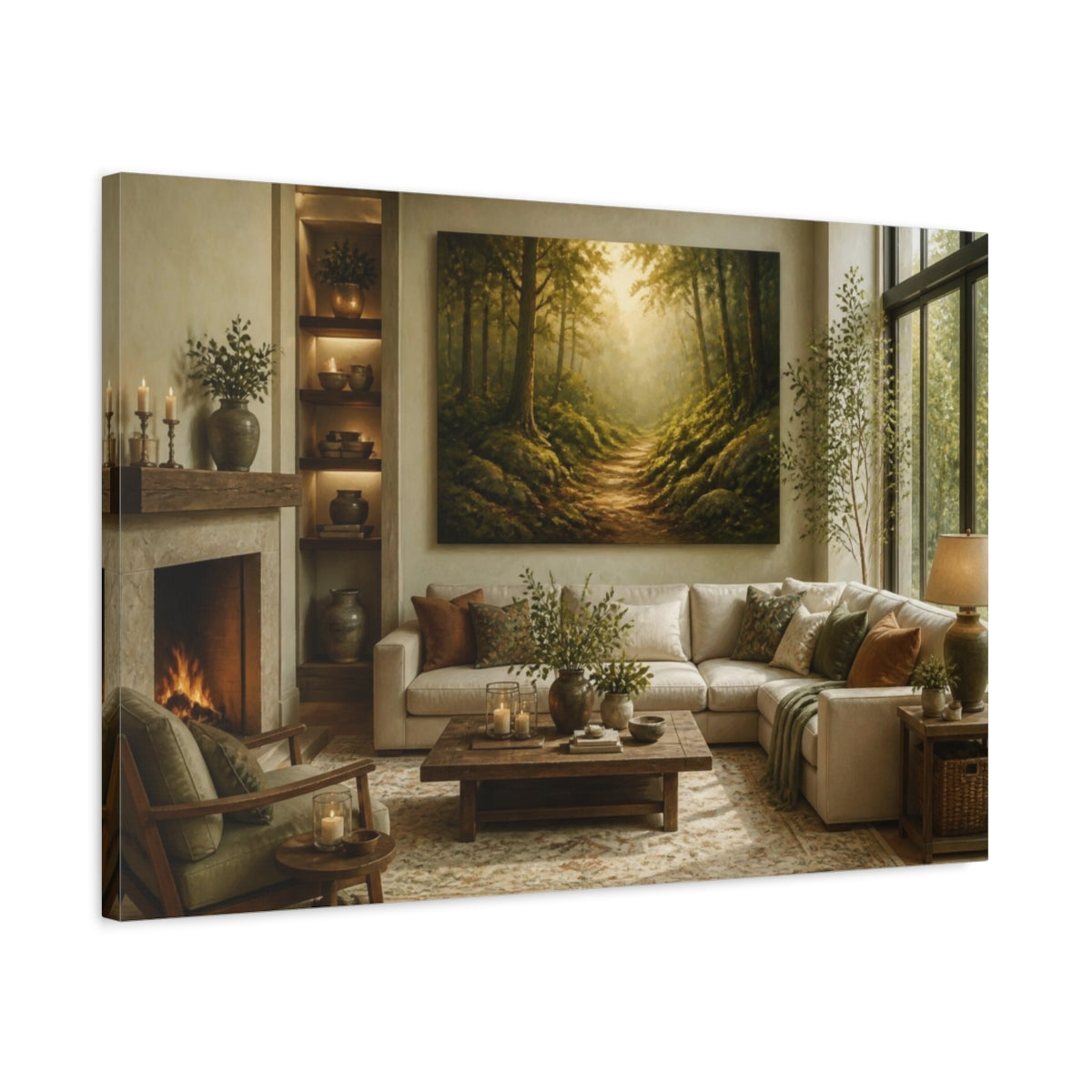 Side Mockup 2. Living Room Mossy Forest Path shown as canvas print
