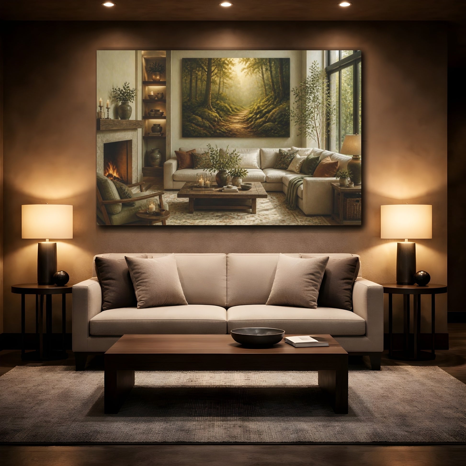 Mockup 2. Living Room Mossy Forest Path shown as canvas print
