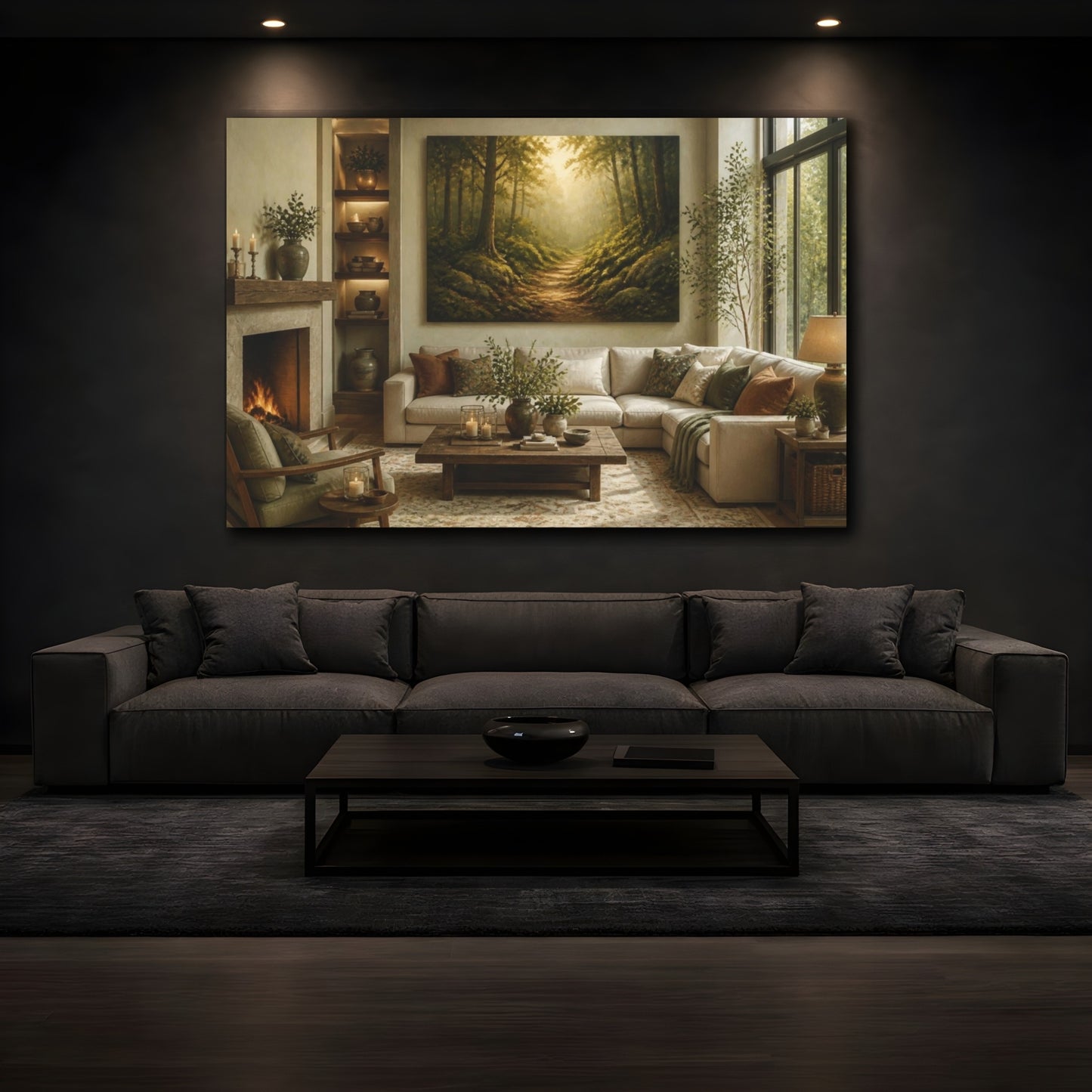 Mockup 3. Living Room Mossy Forest Path shown as canvas print