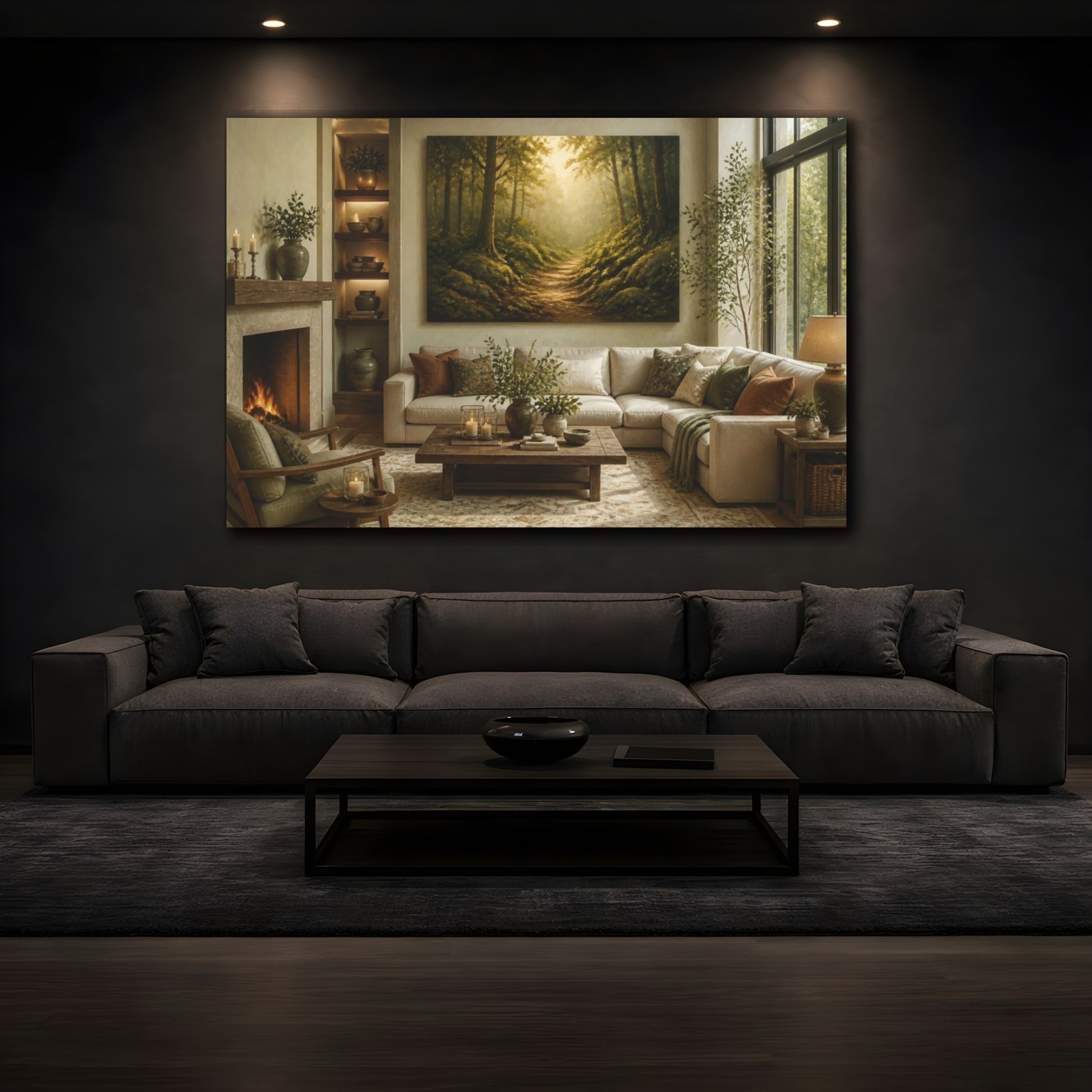Mockup 3. Living Room Mossy Forest Path shown as canvas print