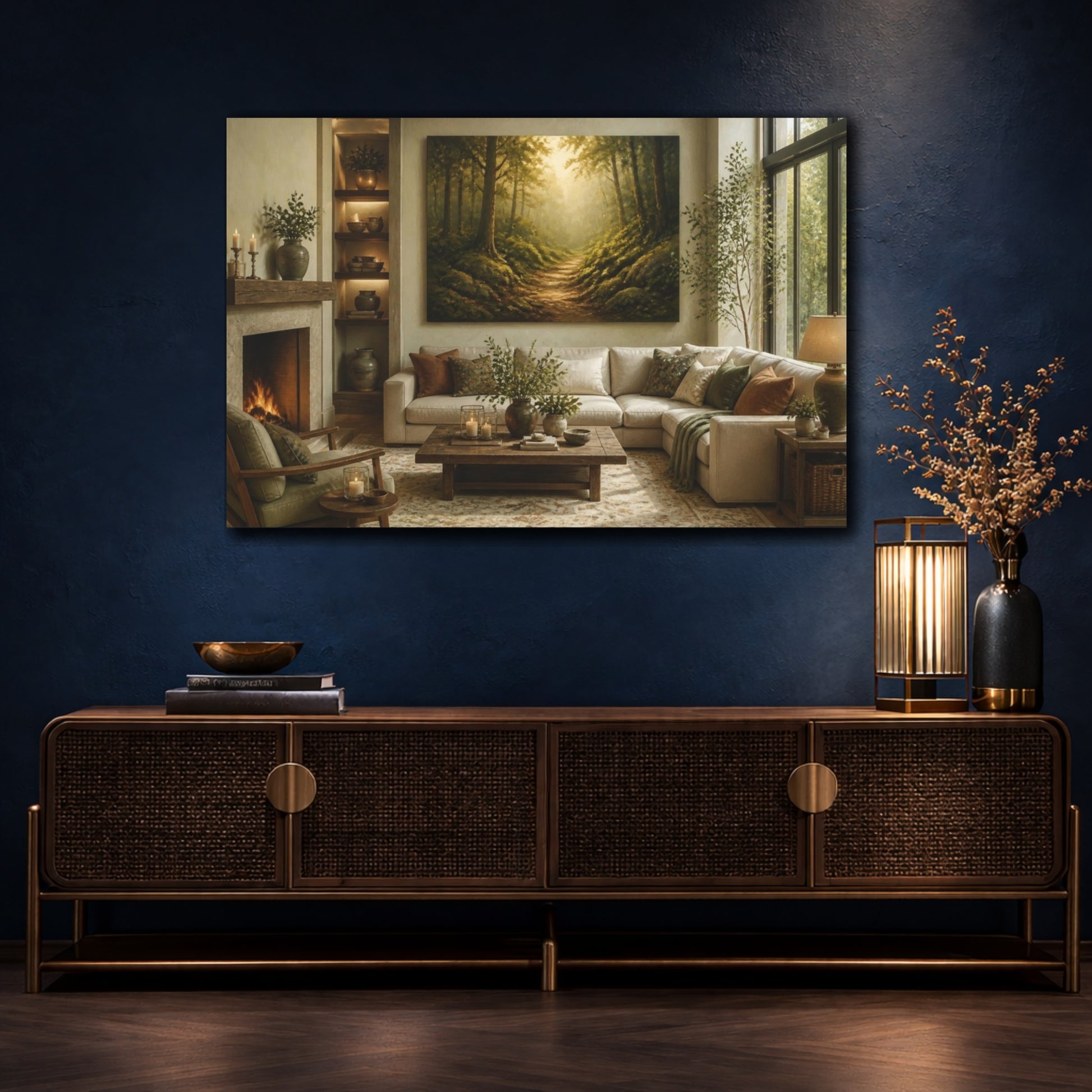 Mockup 4. Living Room Mossy Forest Path shown as canvas print