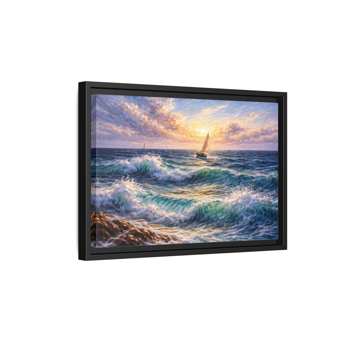 Side Mockup 6. Nature Ocean Waves Ocean Sunset shown as stretched canvas wall art
