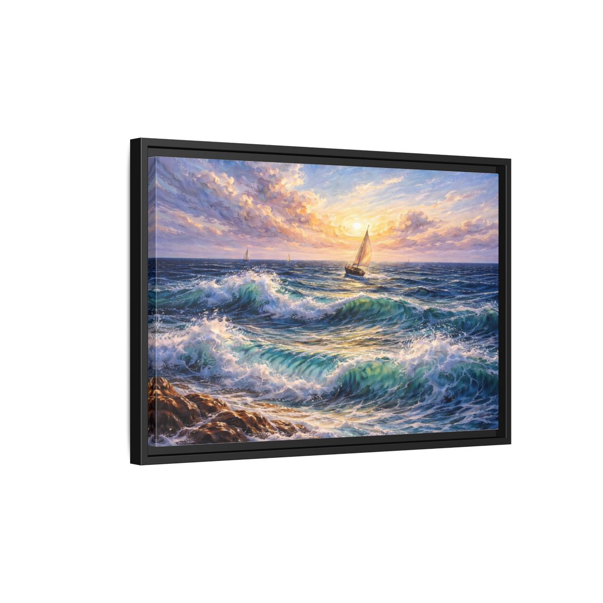 Side Mockup 3. Nature Ocean Waves Ocean Sunset shown as stretched canvas wall art