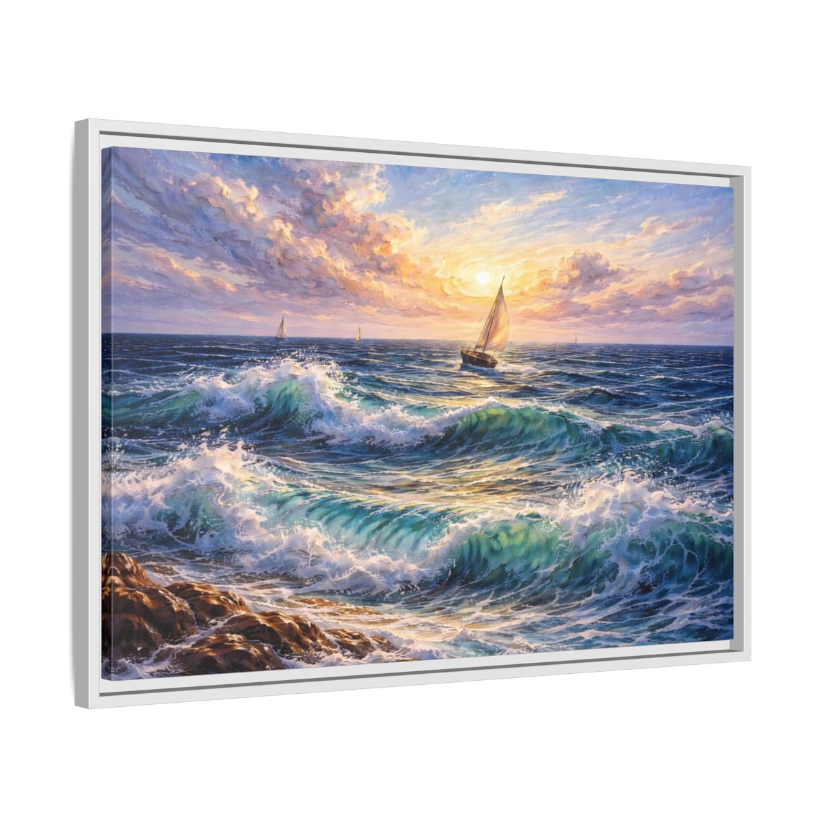 Side Mockup 10. Nature Ocean Waves Ocean Sunset shown as stretched canvas wall art