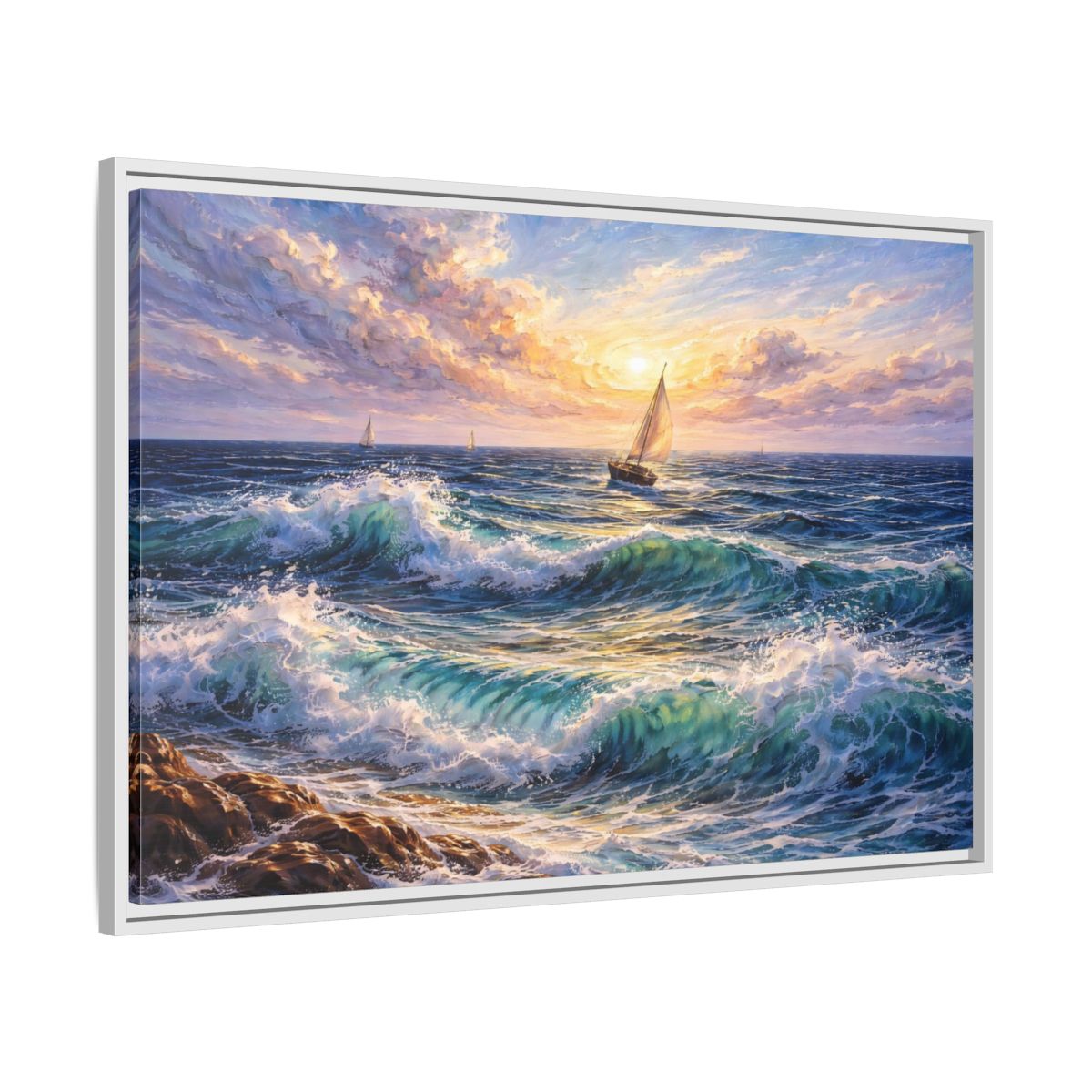 Side Mockup 8. Nature Ocean Waves Ocean Sunset shown as stretched canvas wall art