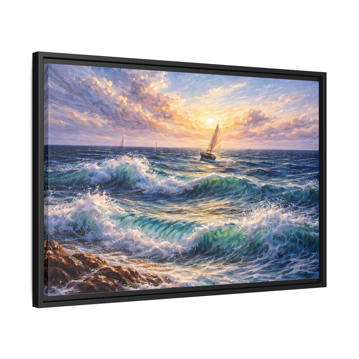 Side Mockup 14. Nature Ocean Waves Ocean Sunset shown as stretched canvas wall art