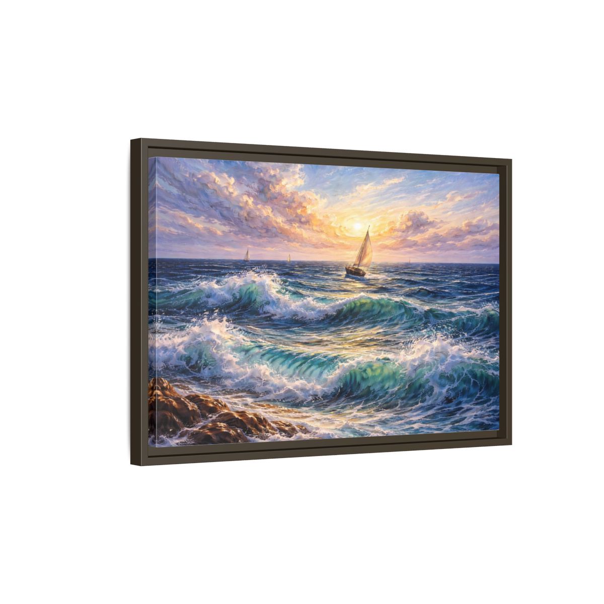 Side Mockup 2. Nature Ocean Waves Ocean Sunset shown as stretched canvas wall art