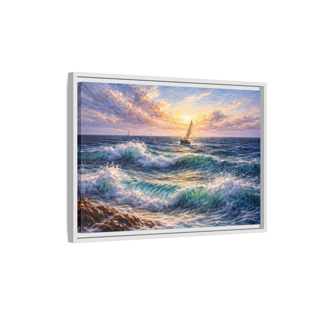 Side Mockup 1. Nature Ocean Waves Ocean Sunset shown as stretched canvas wall art
