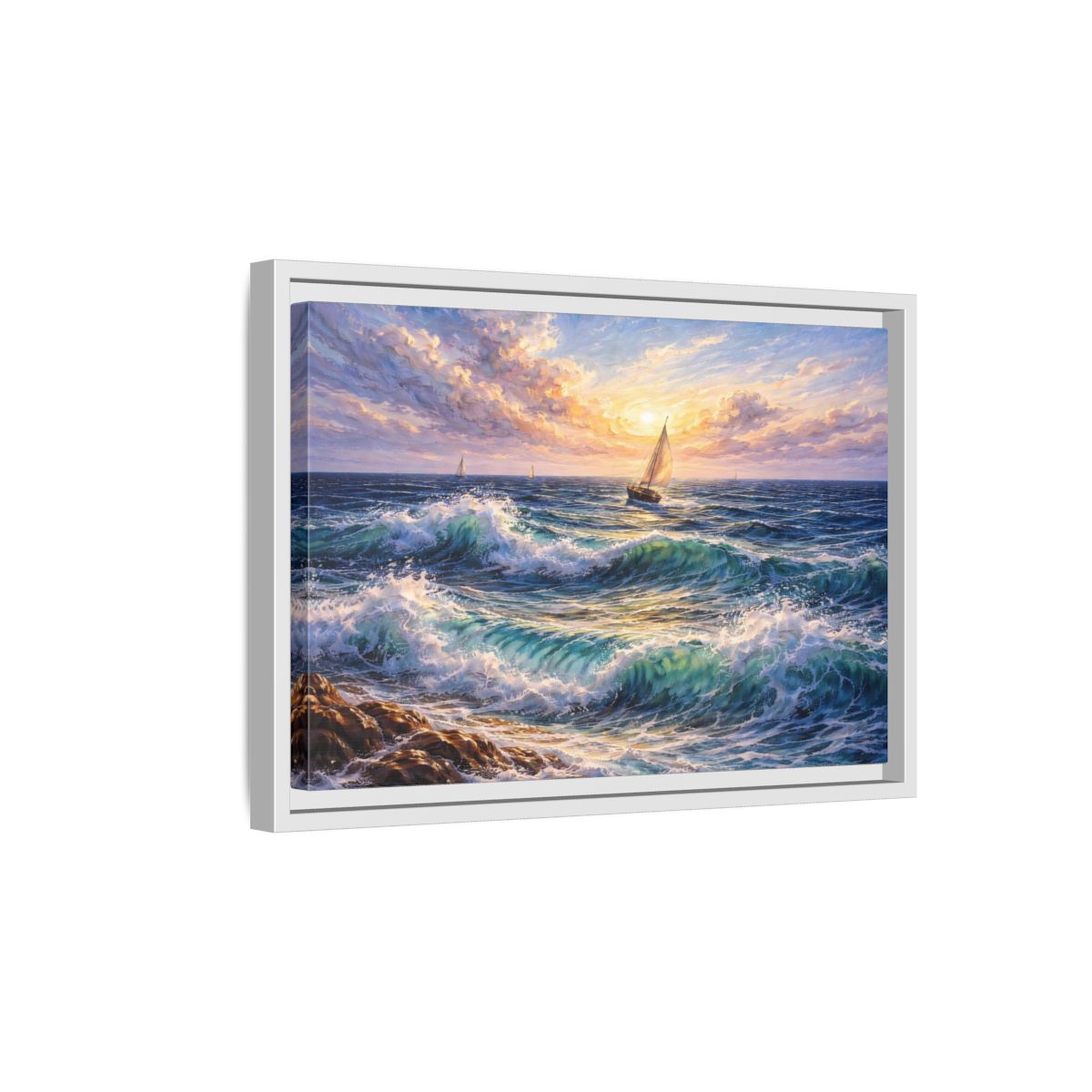 Side Mockup 4. Nature Ocean Waves Ocean Sunset shown as stretched canvas wall art