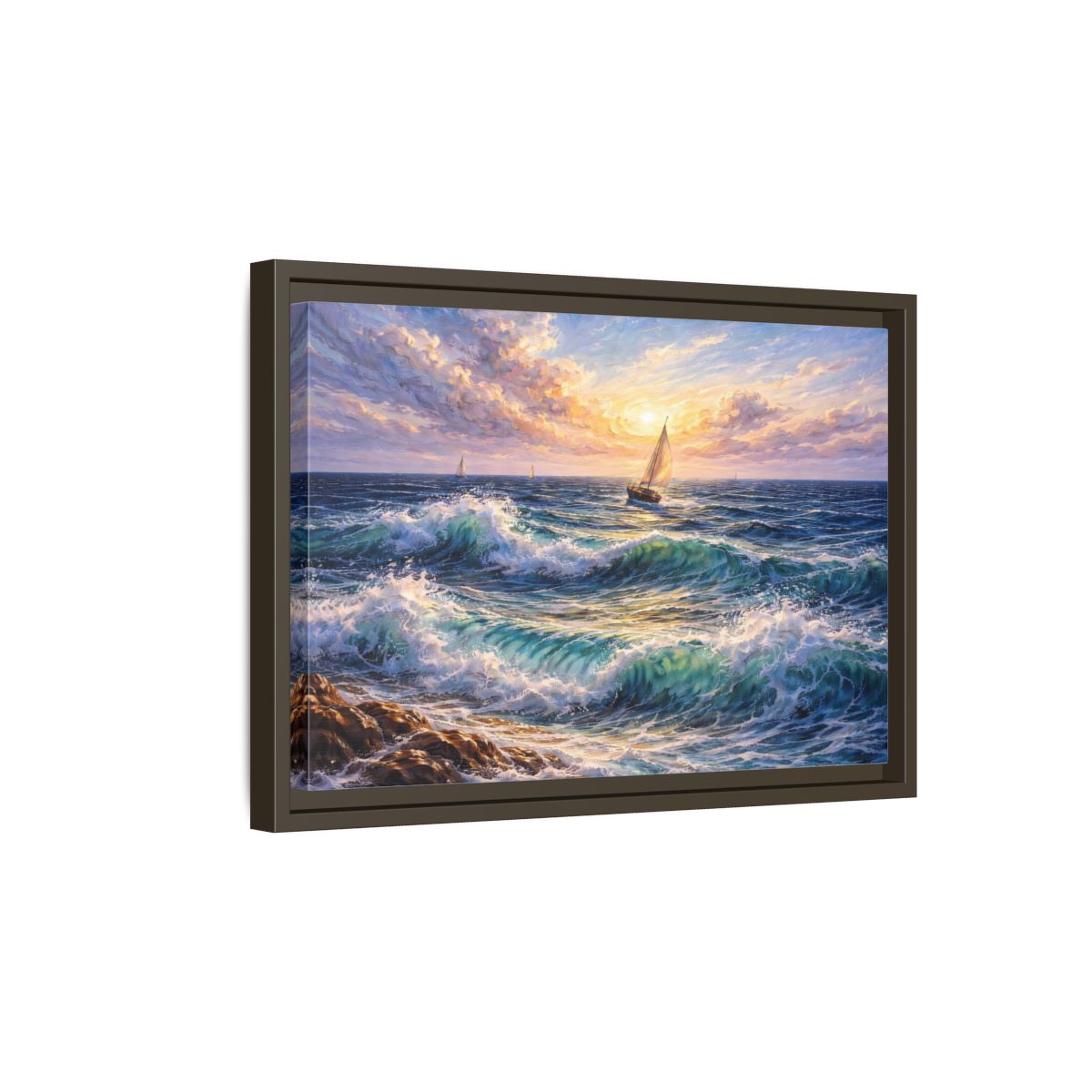 Side Mockup 5. Nature Ocean Waves Ocean Sunset shown as stretched canvas wall art