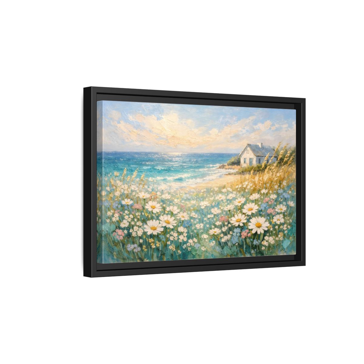 Side Mockup 6. Nature Seaside Cottage Vibrant Coastal Scene shown as stretched canvas wall art