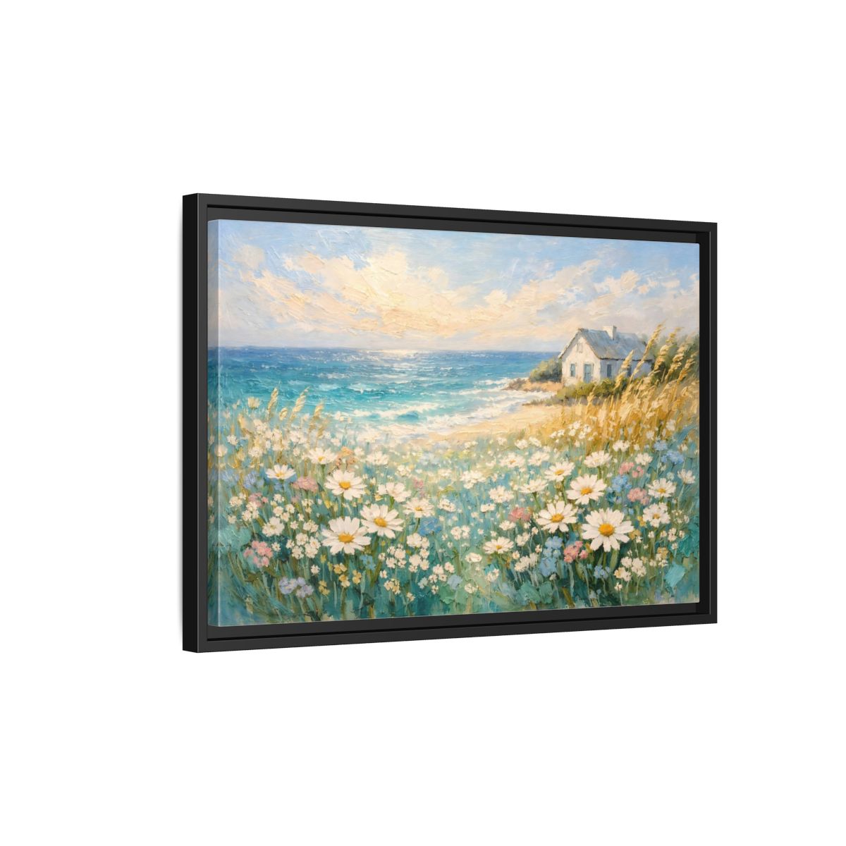 Side Mockup 3. Nature Seaside Cottage Vibrant Coastal Scene shown as stretched canvas wall art