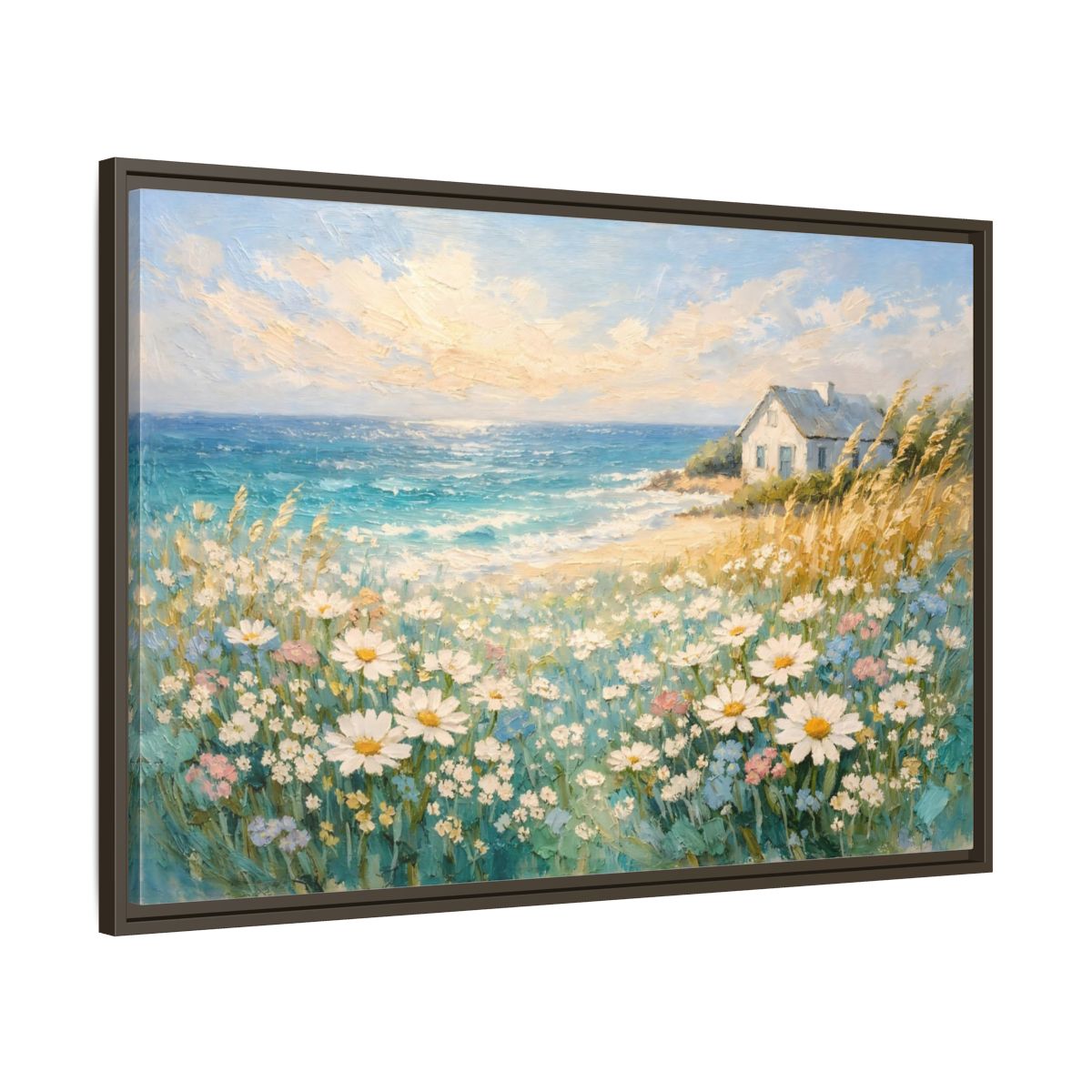 Side Mockup 9. Nature Seaside Cottage Vibrant Coastal Scene shown as stretched canvas wall art