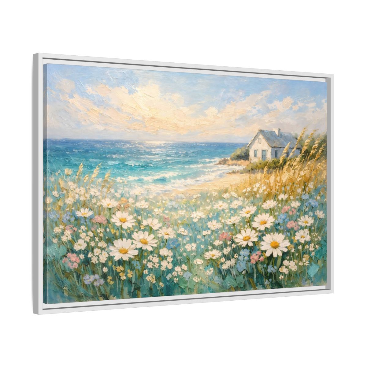 Side Mockup 8. Nature Seaside Cottage Vibrant Coastal Scene shown as stretched canvas wall art