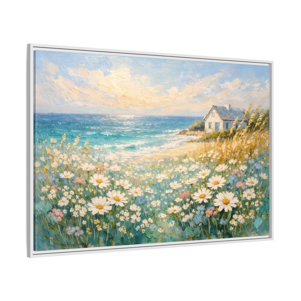 Side Mockup 7. Nature Seaside Cottage Vibrant Coastal Scene shown as stretched canvas wall art