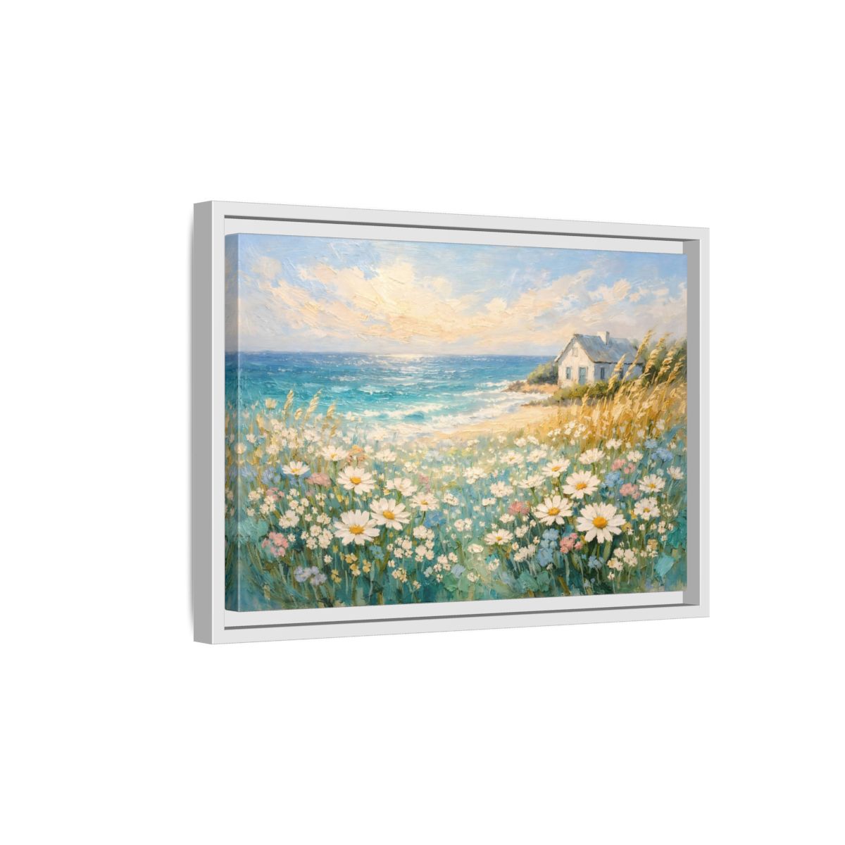 Side Mockup 4. Nature Seaside Cottage Vibrant Coastal Scene shown as stretched canvas wall art