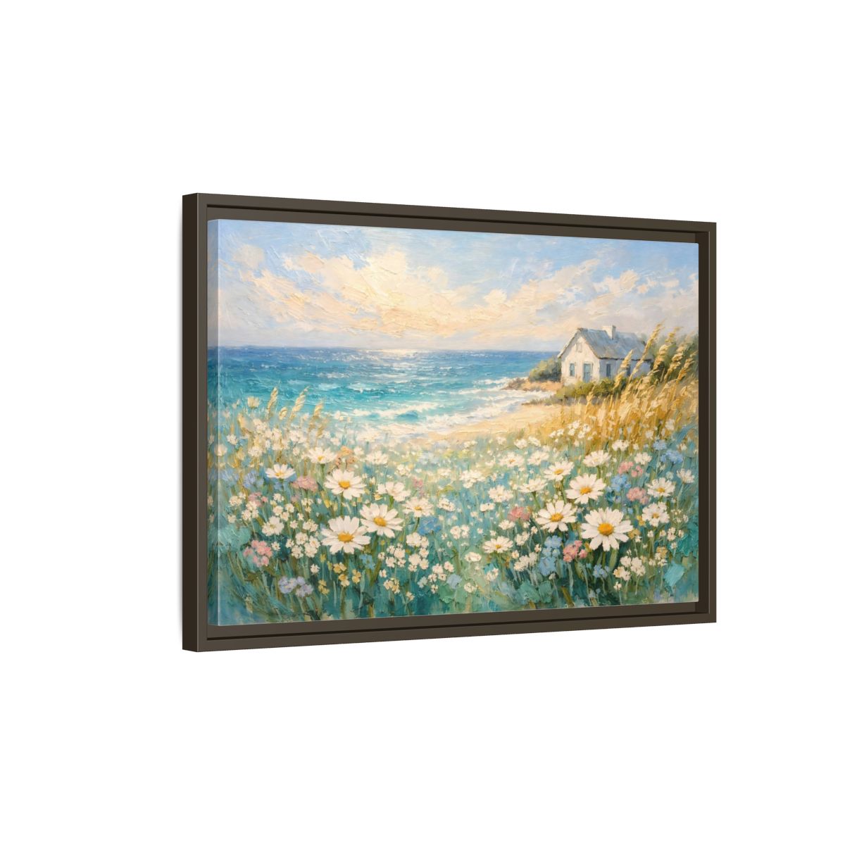 Side Mockup 2. Nature Seaside Cottage Vibrant Coastal Scene shown as stretched canvas wall art