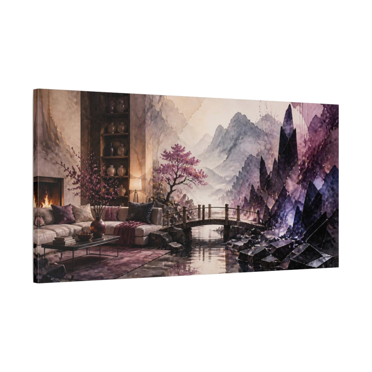 Main Mockup. Living Room Obsidian Shards shown as canvas print