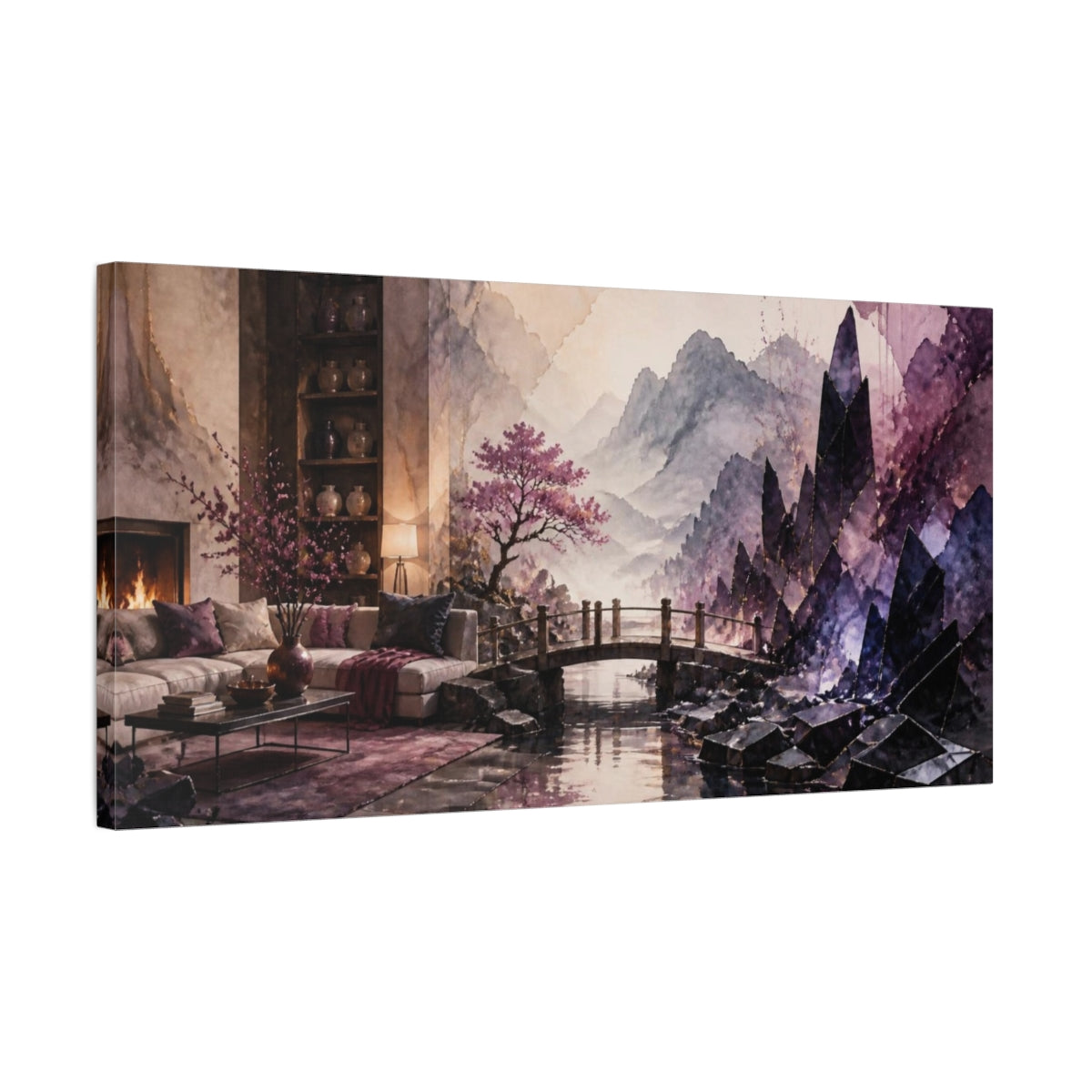 Side Mockup 1. Living Room Obsidian Shards shown as canvas print