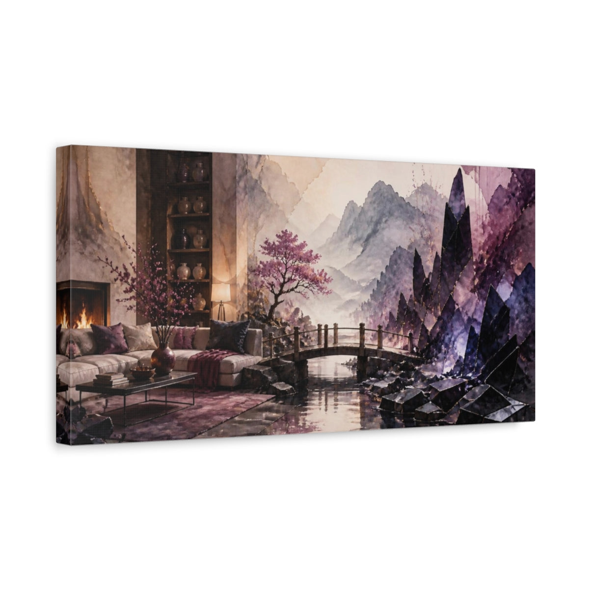 Side Mockup 3. Living Room Obsidian Shards shown as canvas print