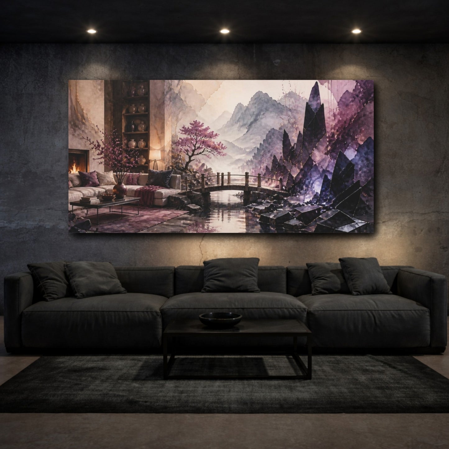 Mockup 3. Living Room Obsidian Shards shown as canvas print