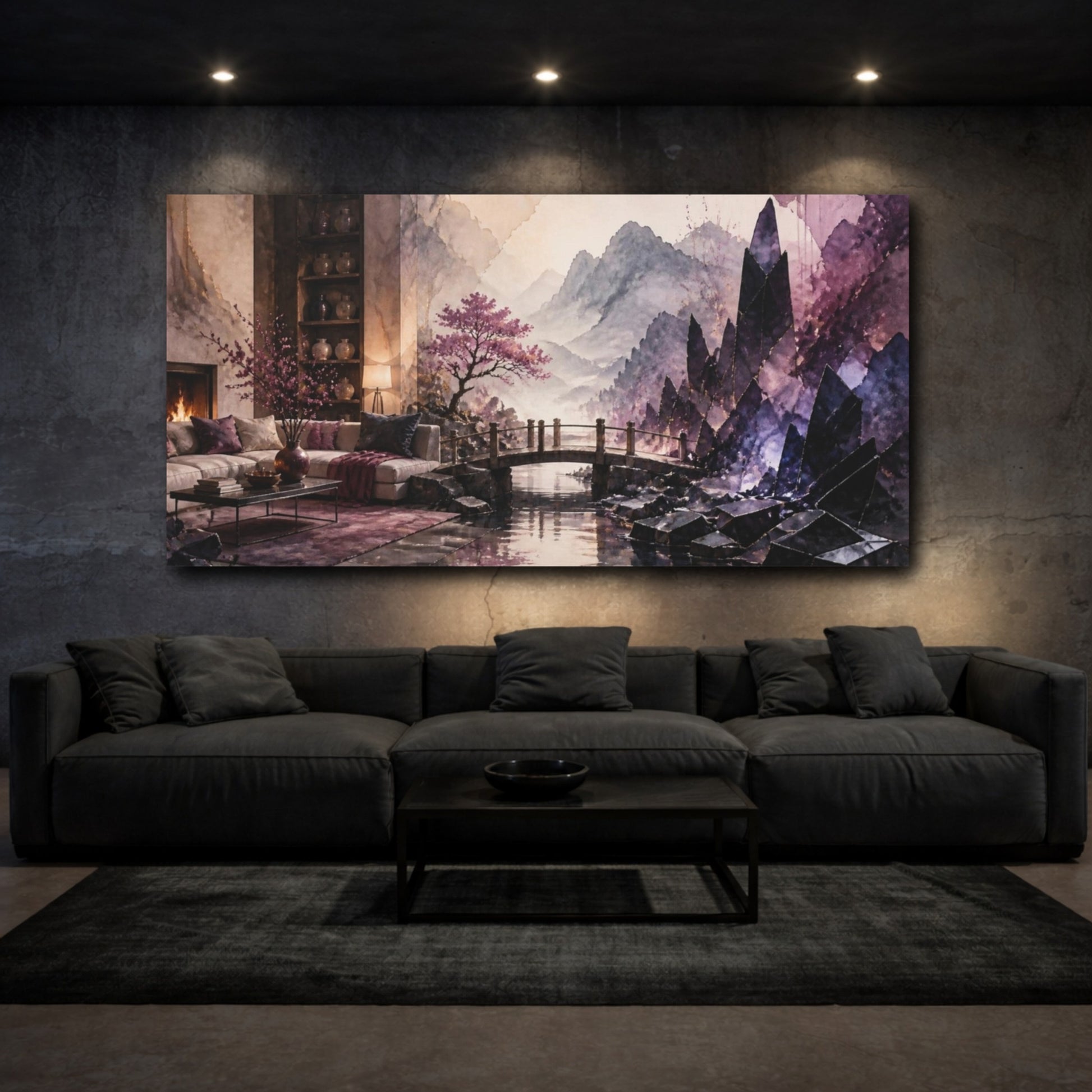 Mockup 3. Living Room Obsidian Shards shown as canvas print