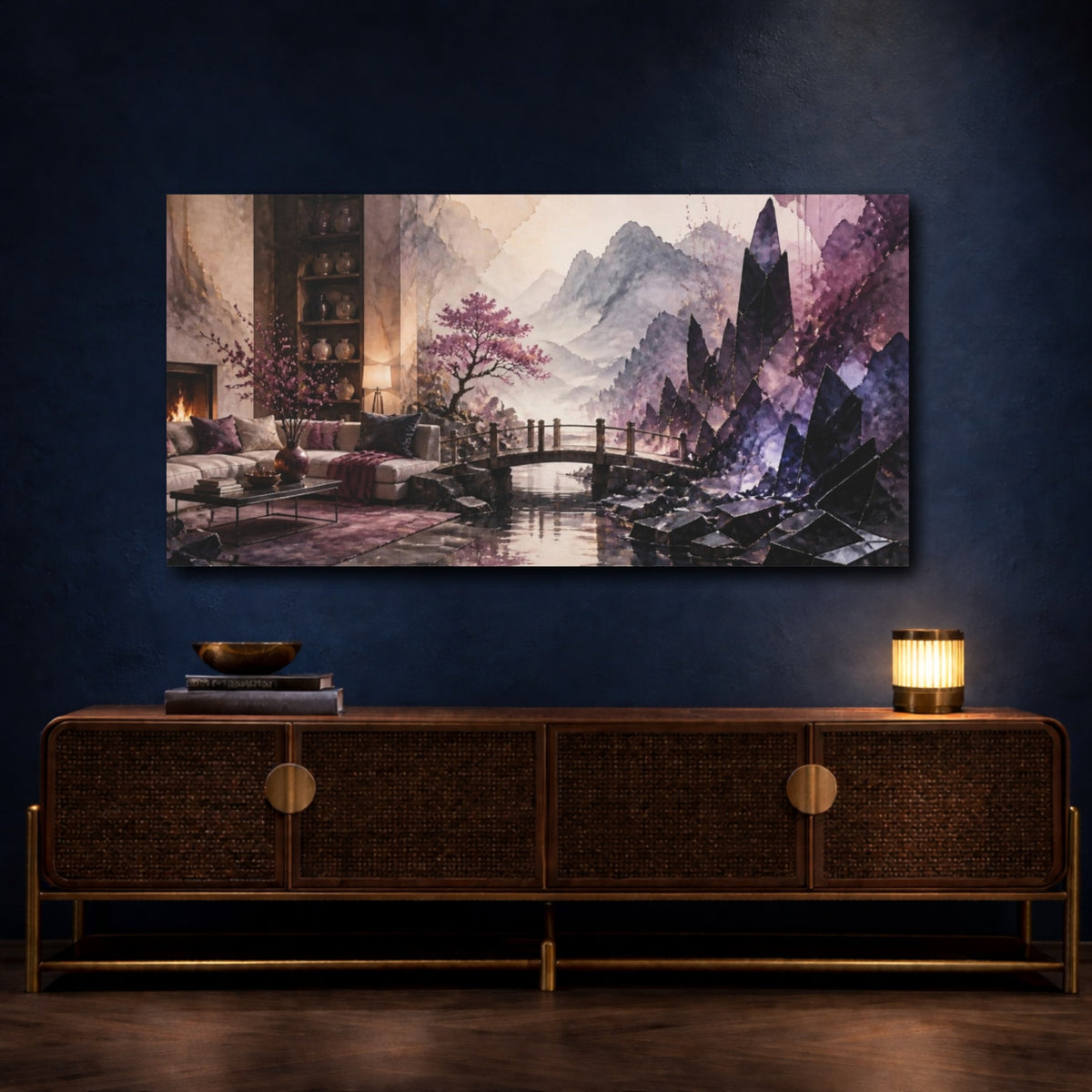 Mockup 4. Living Room Obsidian Shards shown as canvas print