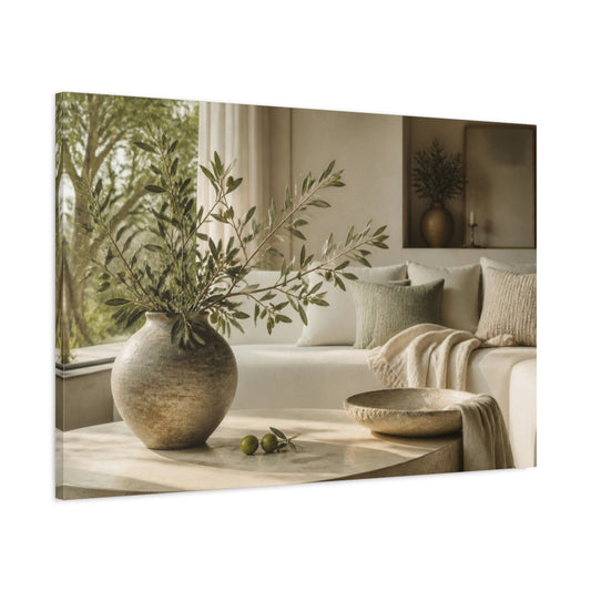 Main Mockup. Living Room Olive Branch shown as canvas print