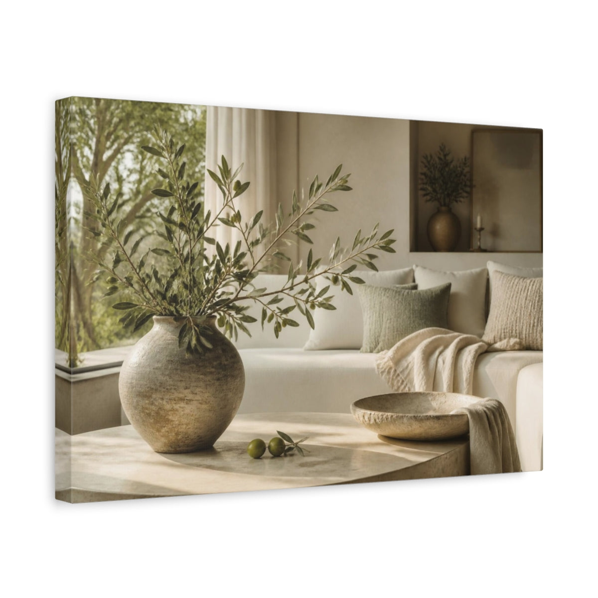 Side Mockup 4. Living Room Olive Branch shown as canvas print