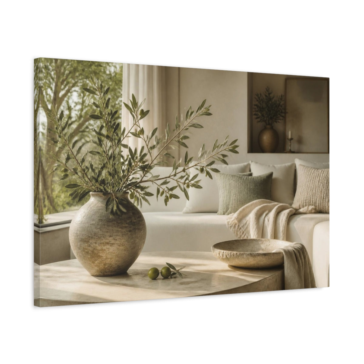 Side Mockup 2. Living Room Olive Branch shown as canvas print