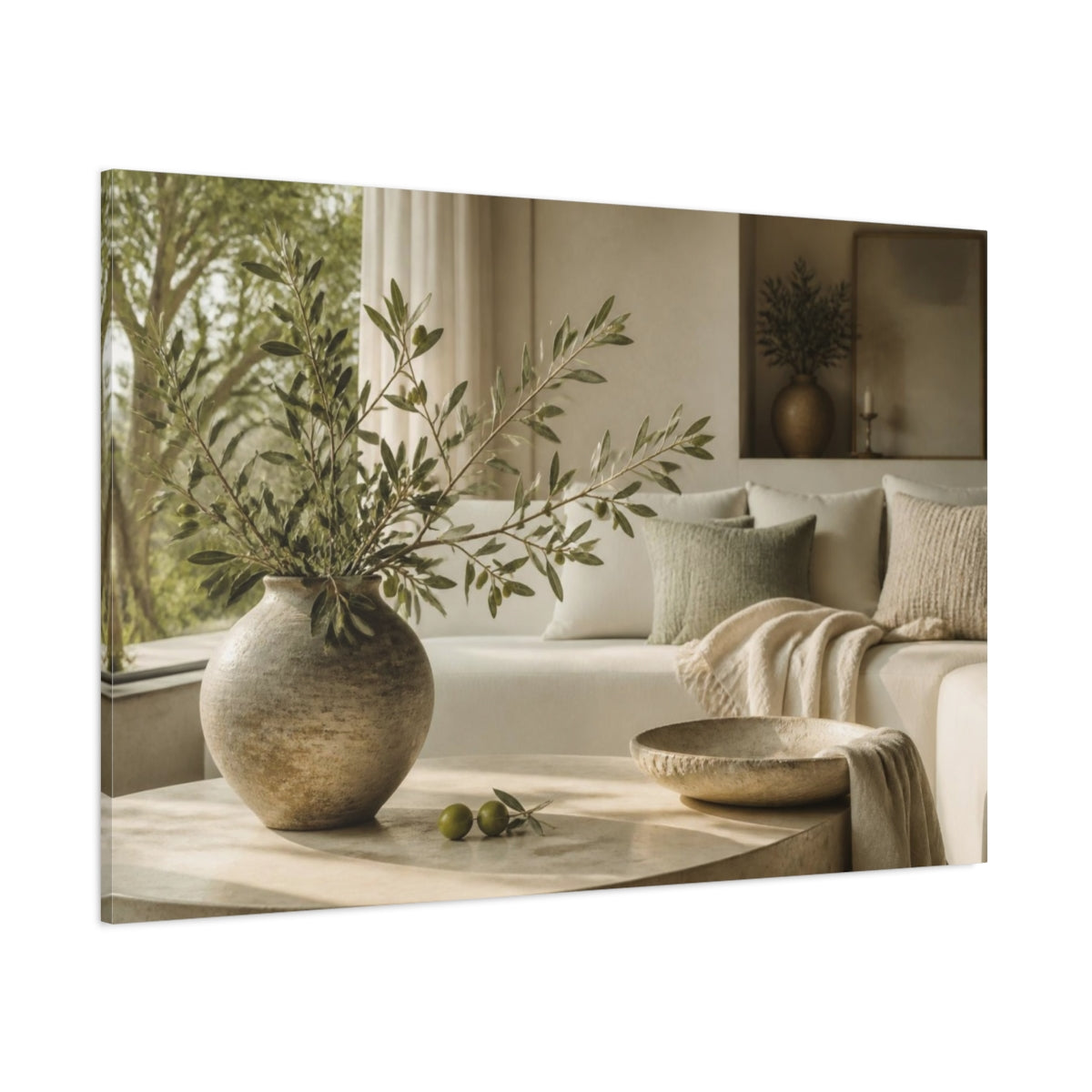 Side Mockup 1. Living Room Olive Branch shown as canvas print