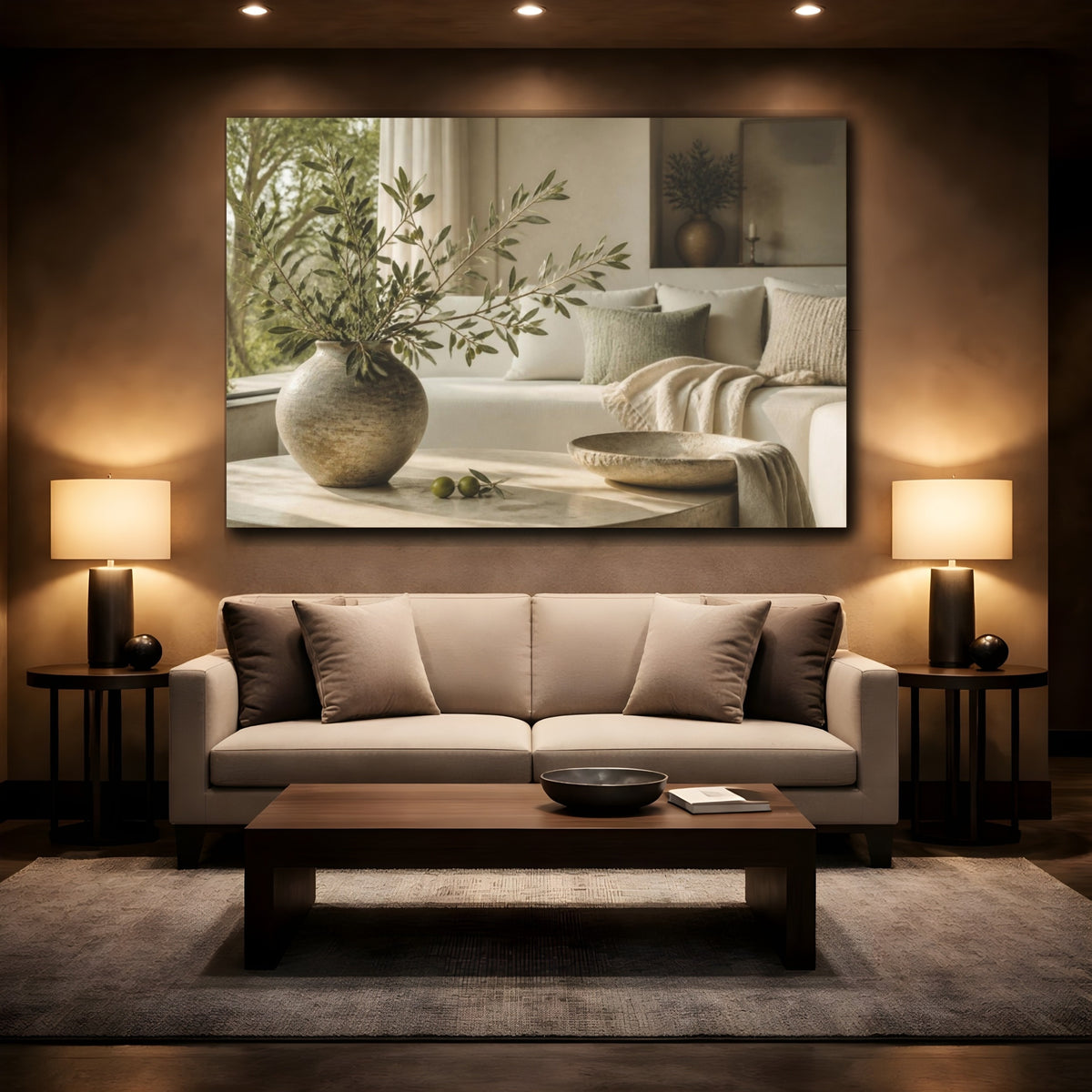 Mockup 2. Living Room Olive Branch shown as canvas print