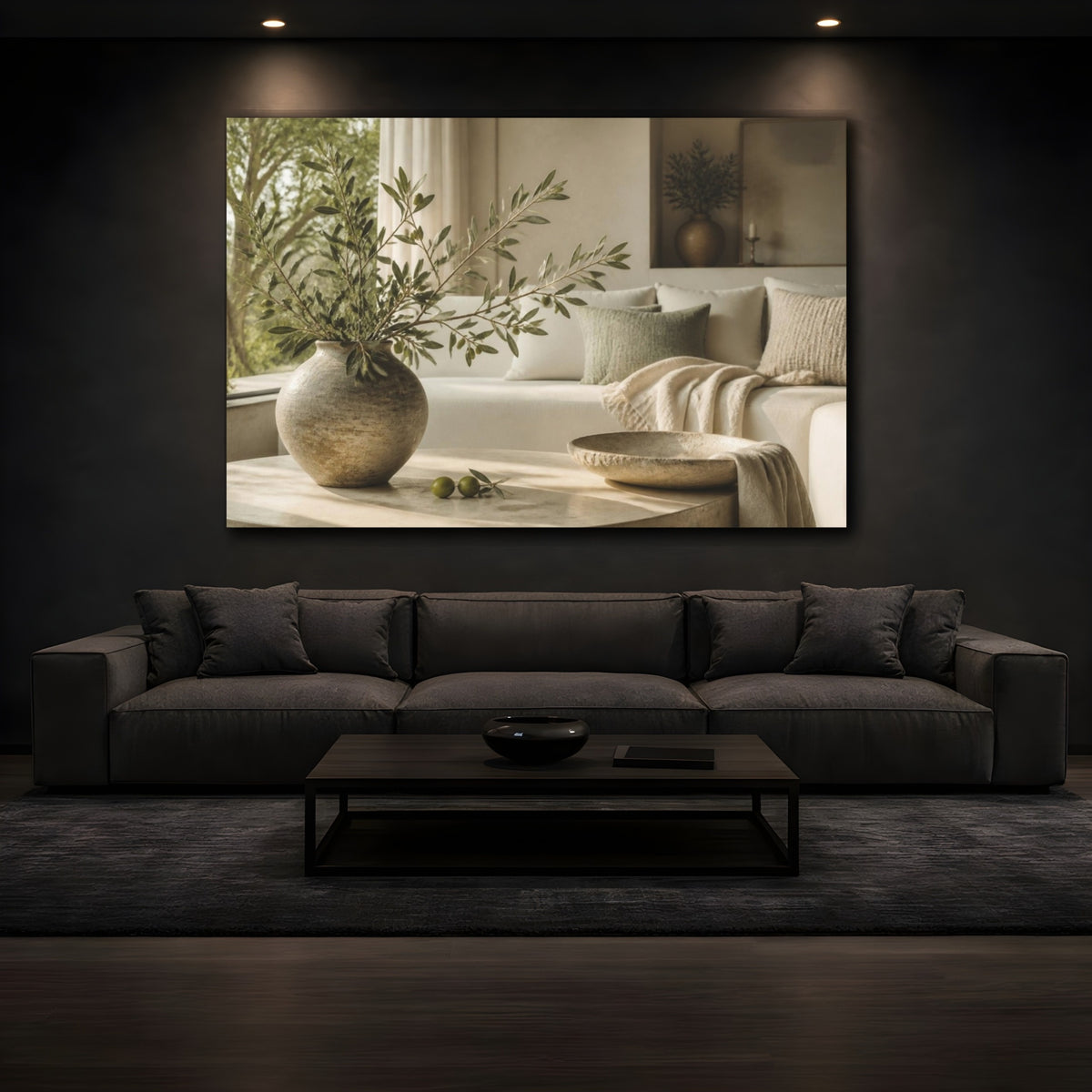 Mockup 3. Living Room Olive Branch shown as canvas print