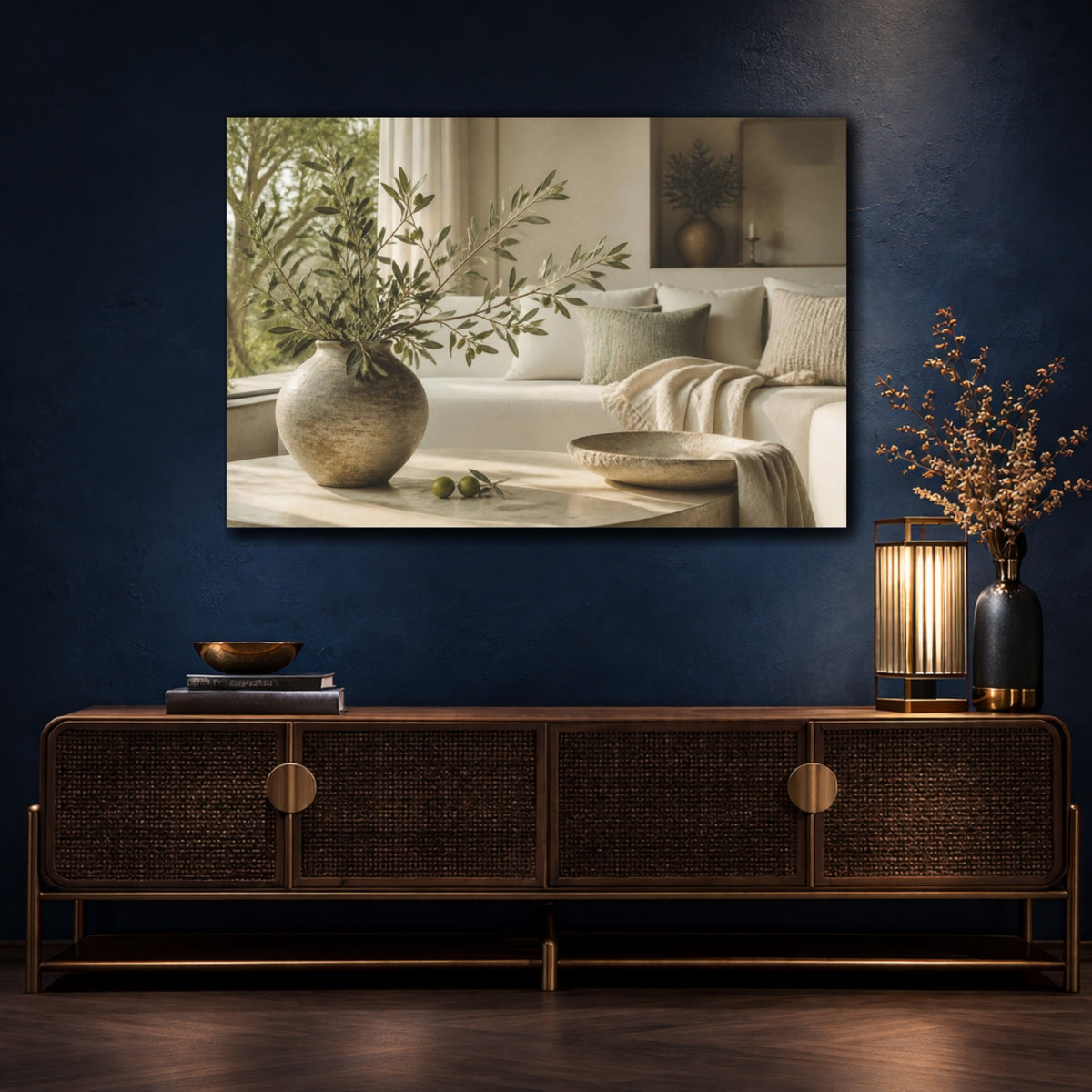 Mockup 4. Living Room Olive Branch shown as canvas print