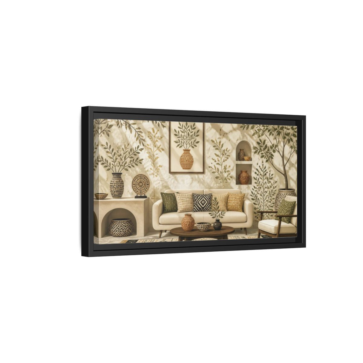 Side Mockup 8. Living Room Olive Vase shown as framed canvas print