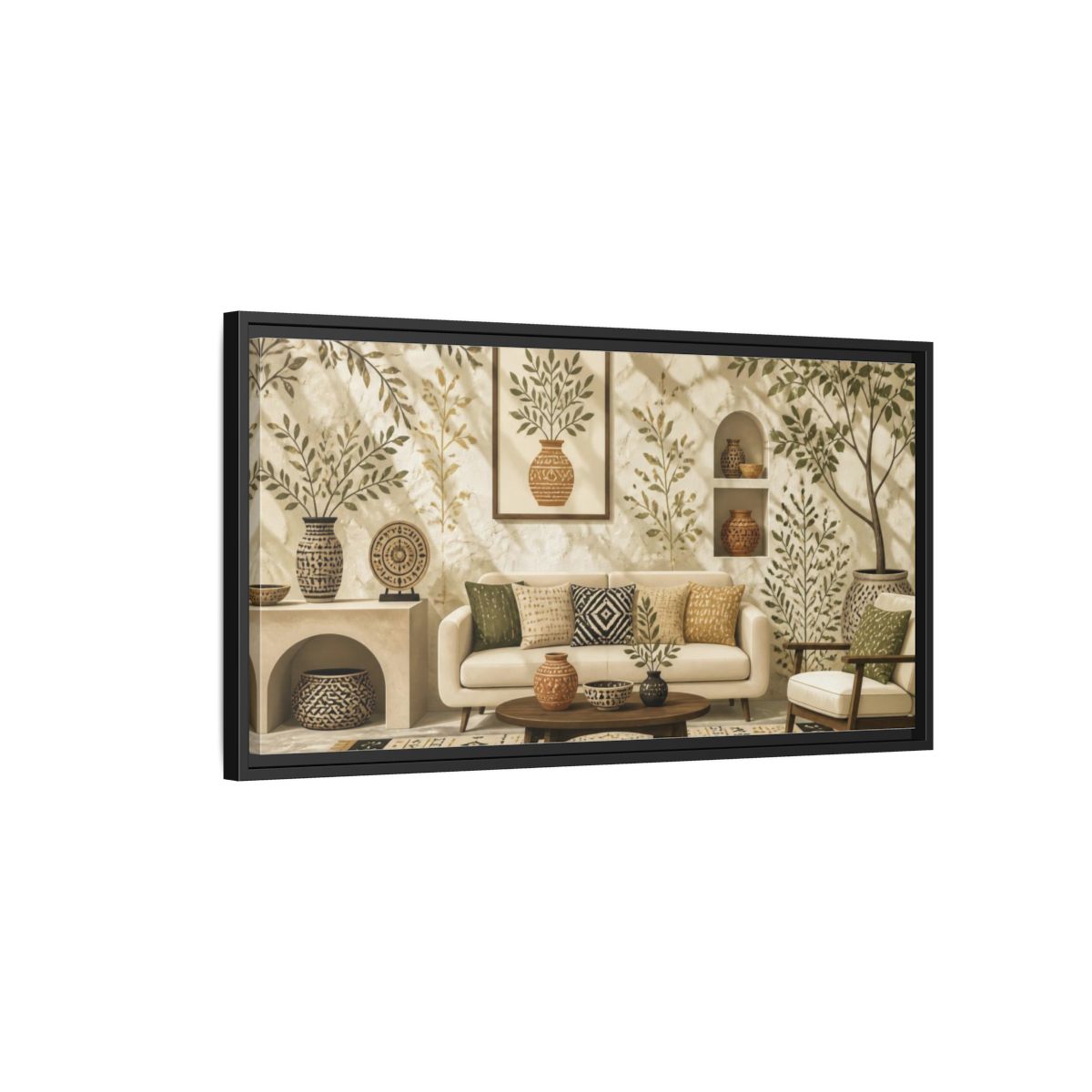 Side Mockup 2. Living Room Olive Vase shown as framed canvas print