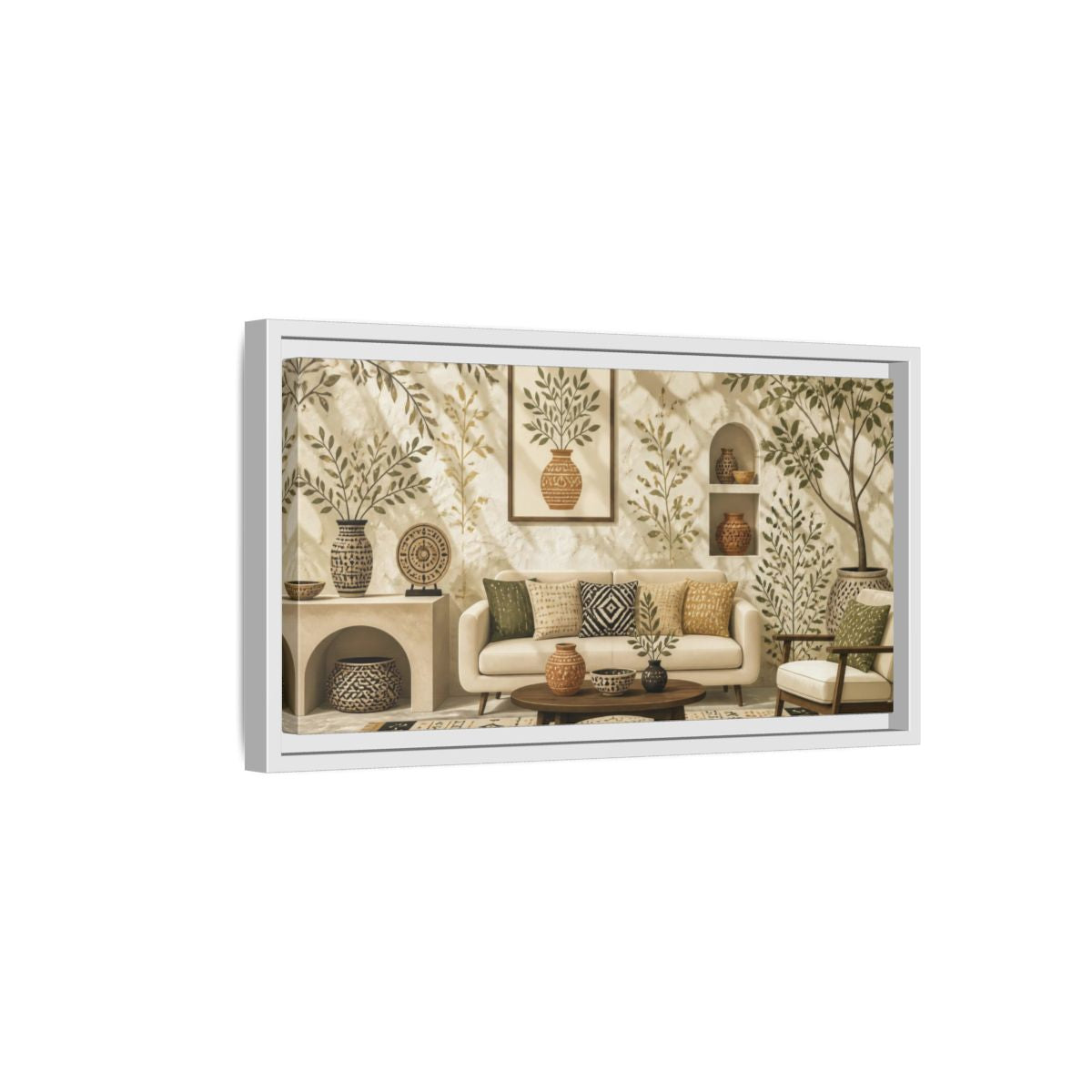 Side Mockup 6. Living Room Olive Vase shown as framed canvas print