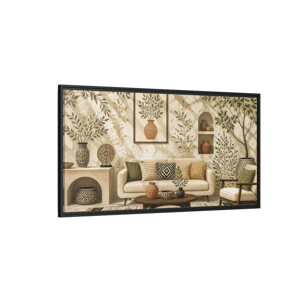 Side Mockup 5. Living Room Olive Vase shown as framed canvas print