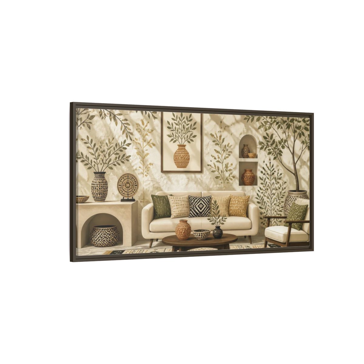 Side Mockup 4. Living Room Olive Vase shown as framed canvas print
