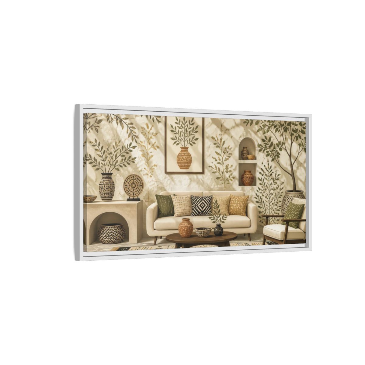 Side Mockup 1. Living Room Olive Vase shown as framed canvas print