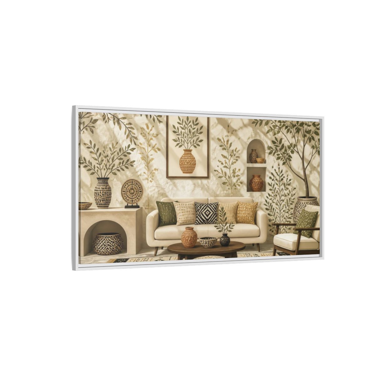 Side Mockup 3. Living Room Olive Vase shown as framed canvas print
