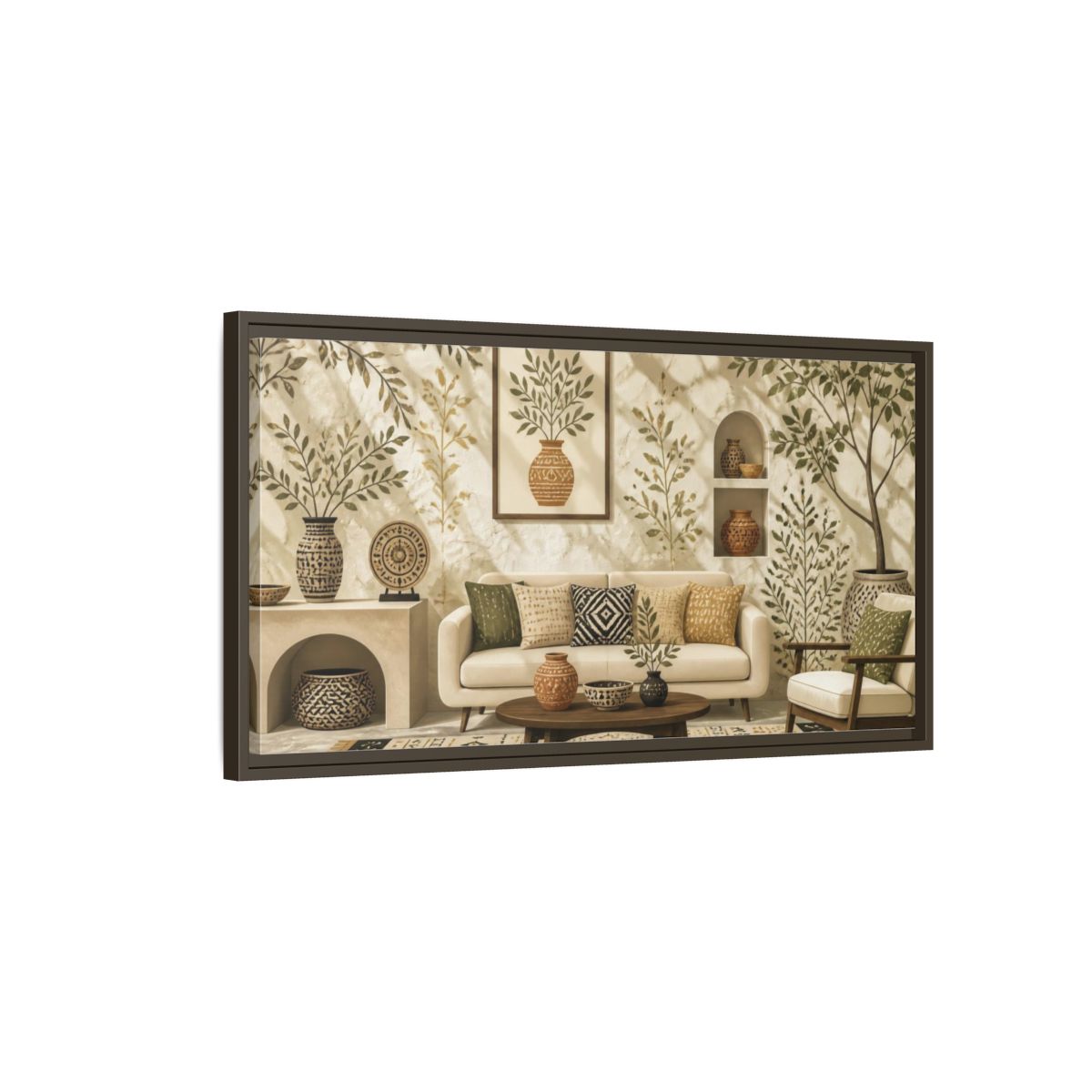 Main Mockup. Living Room Olive Vase shown as framed canvas print