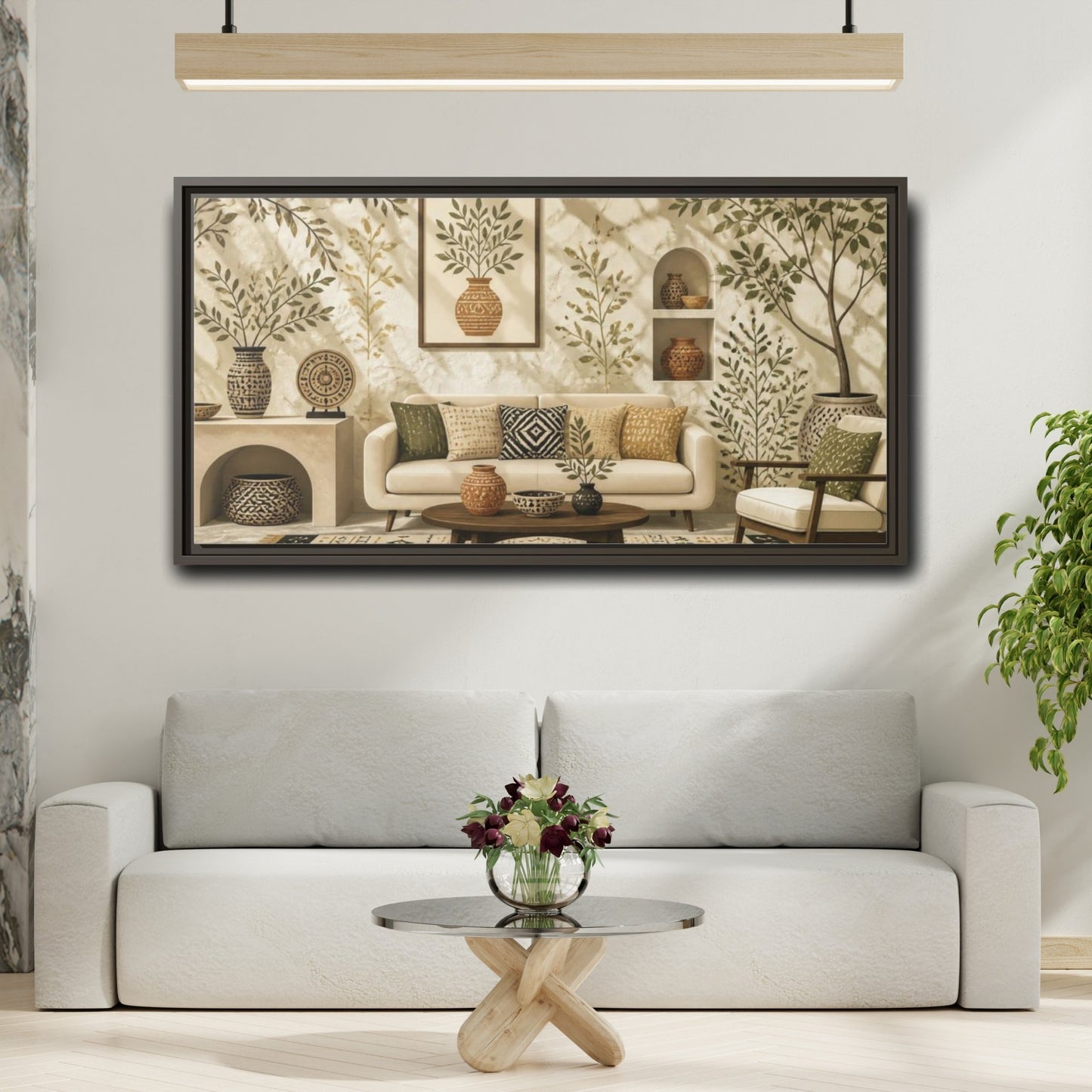 Mockup 2. Living Room Olive Vase shown as framed canvas print