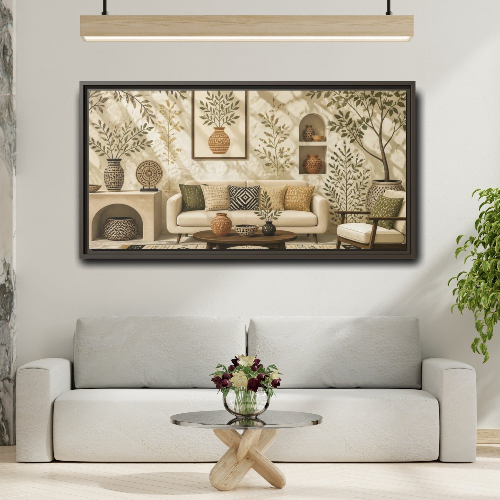 Mockup 2. Living Room Olive Vase shown as framed canvas print